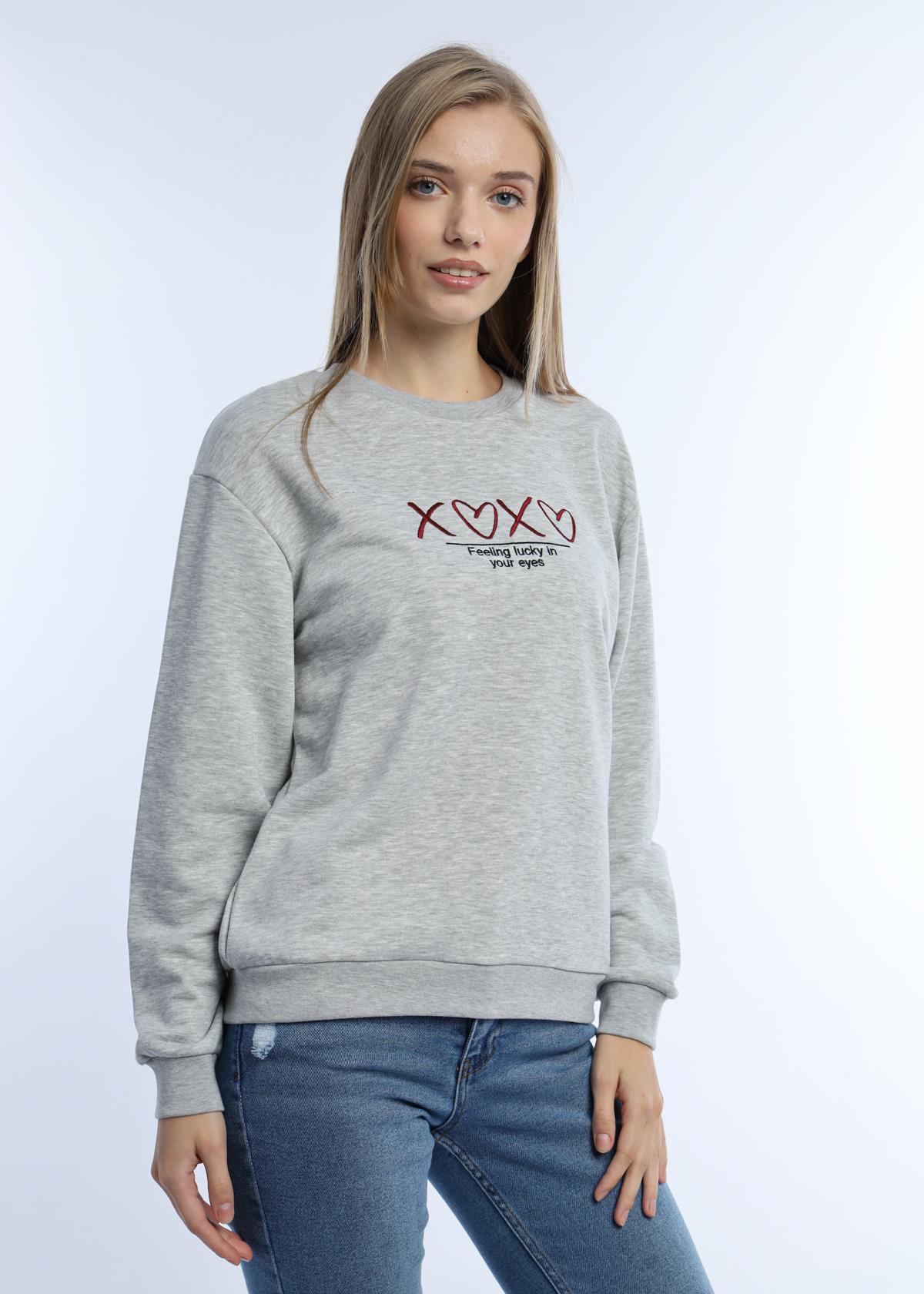Kadın Bisiklet Yaka 3 İplik Şardonsuz Sweatshirt Gri Melanj Kadın Bisiklet Yaka 3 İplik Şardonsuz Sweatshirt Gri Melanj