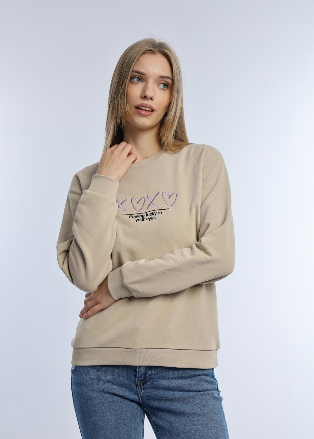 Kadın Bisiklet Yaka 3 İplik Şardonsuz Sweatshirt Bej