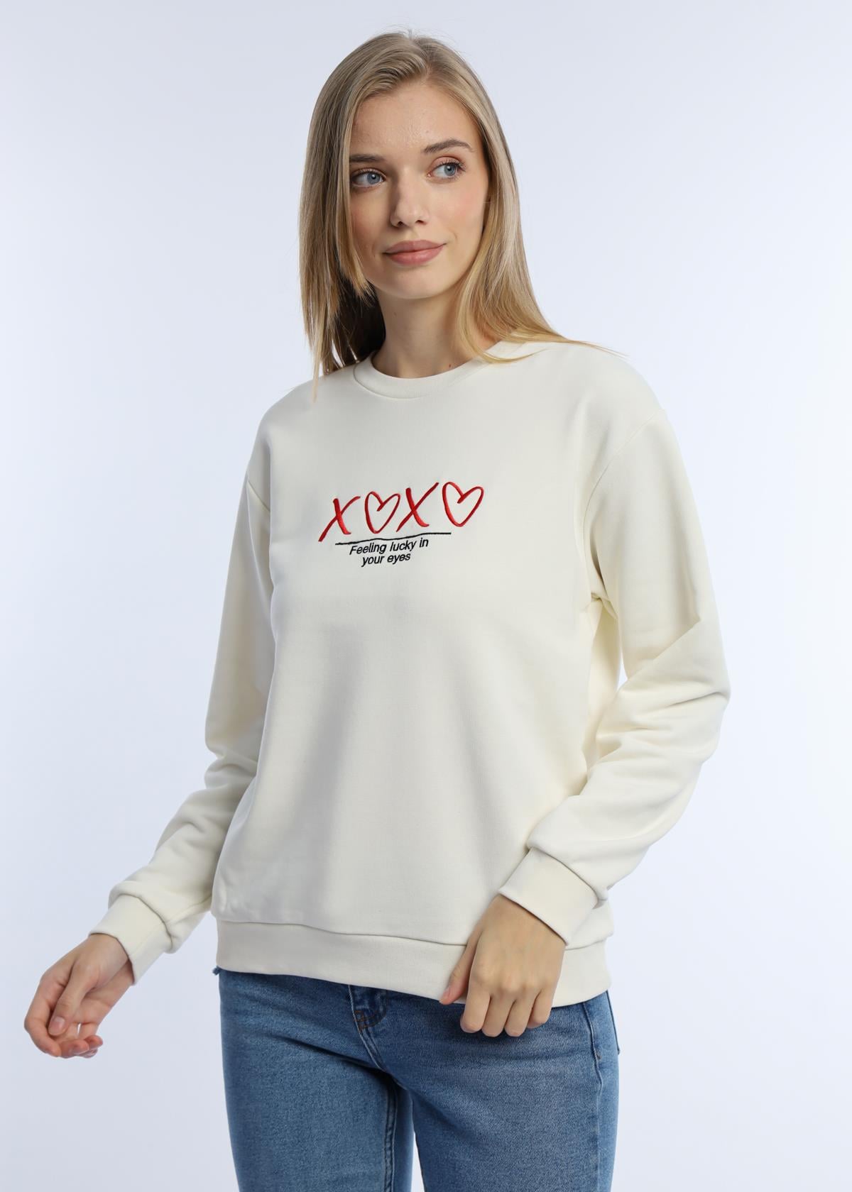 Kadın Bisiklet Yaka 3 İplik Şardonsuz Sweatshirt Ekru