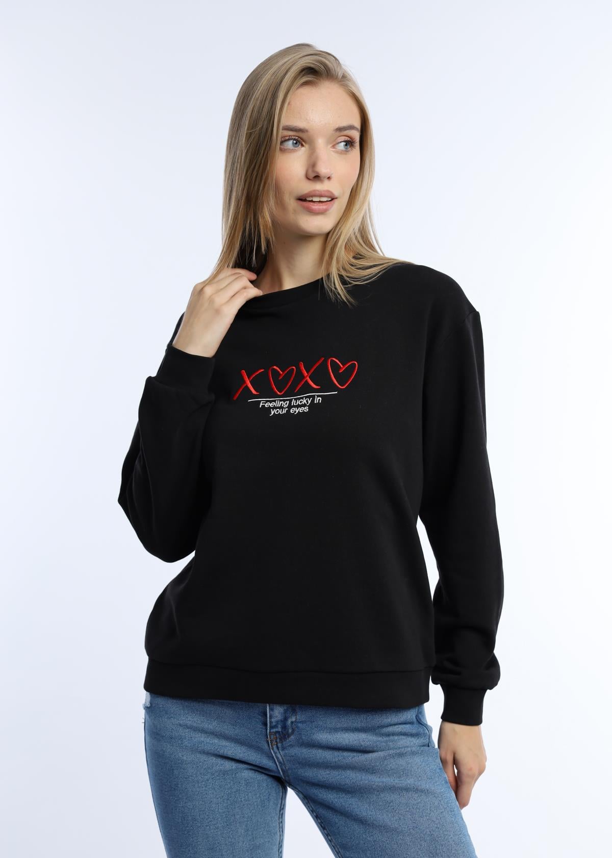 Kadın Bisiklet Yaka 3 İplik Şardonsuz Sweatshirt Siyah