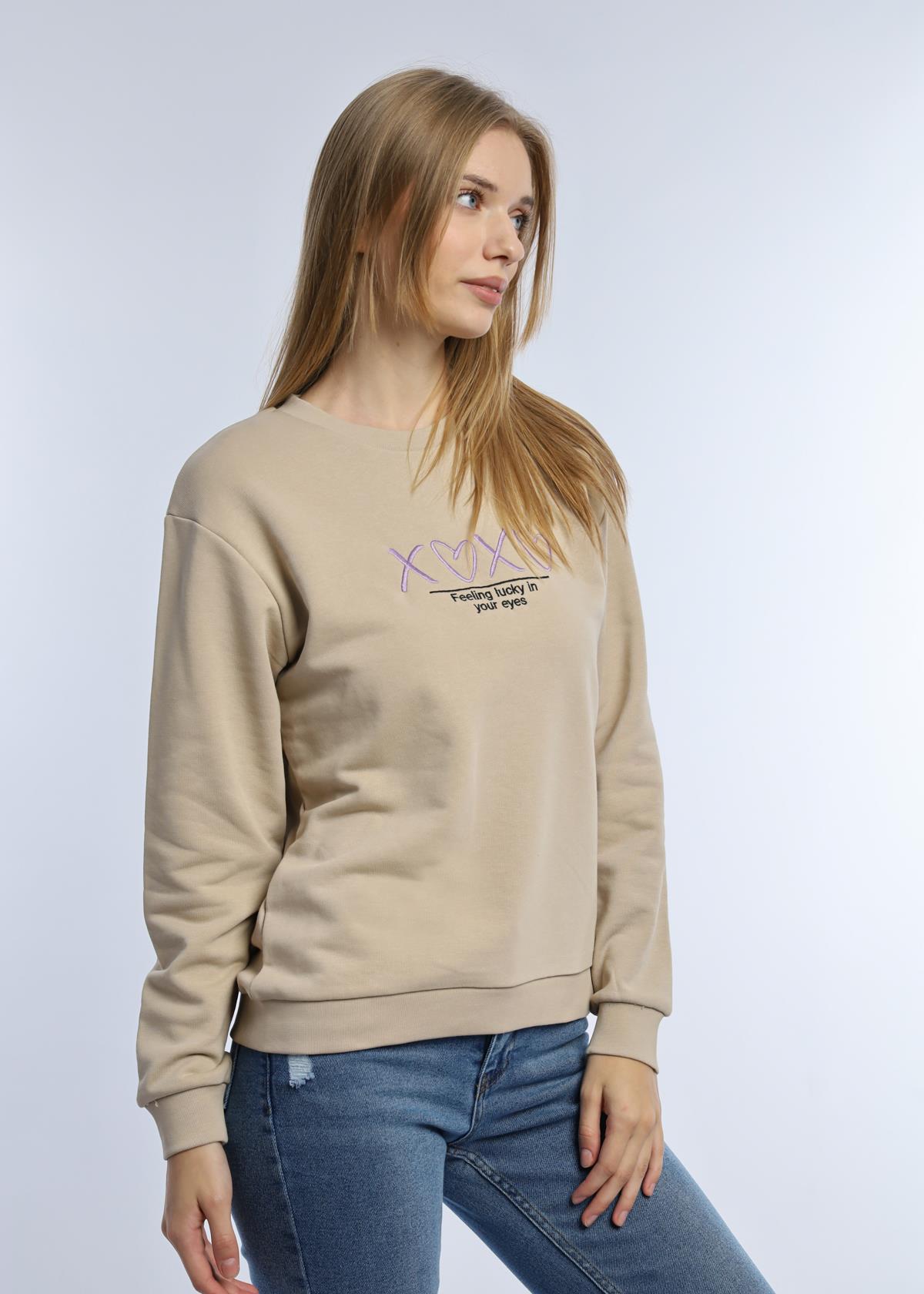 Kadın Bisiklet Yaka 3 İplik Şardonsuz Sweatshirt Bej
