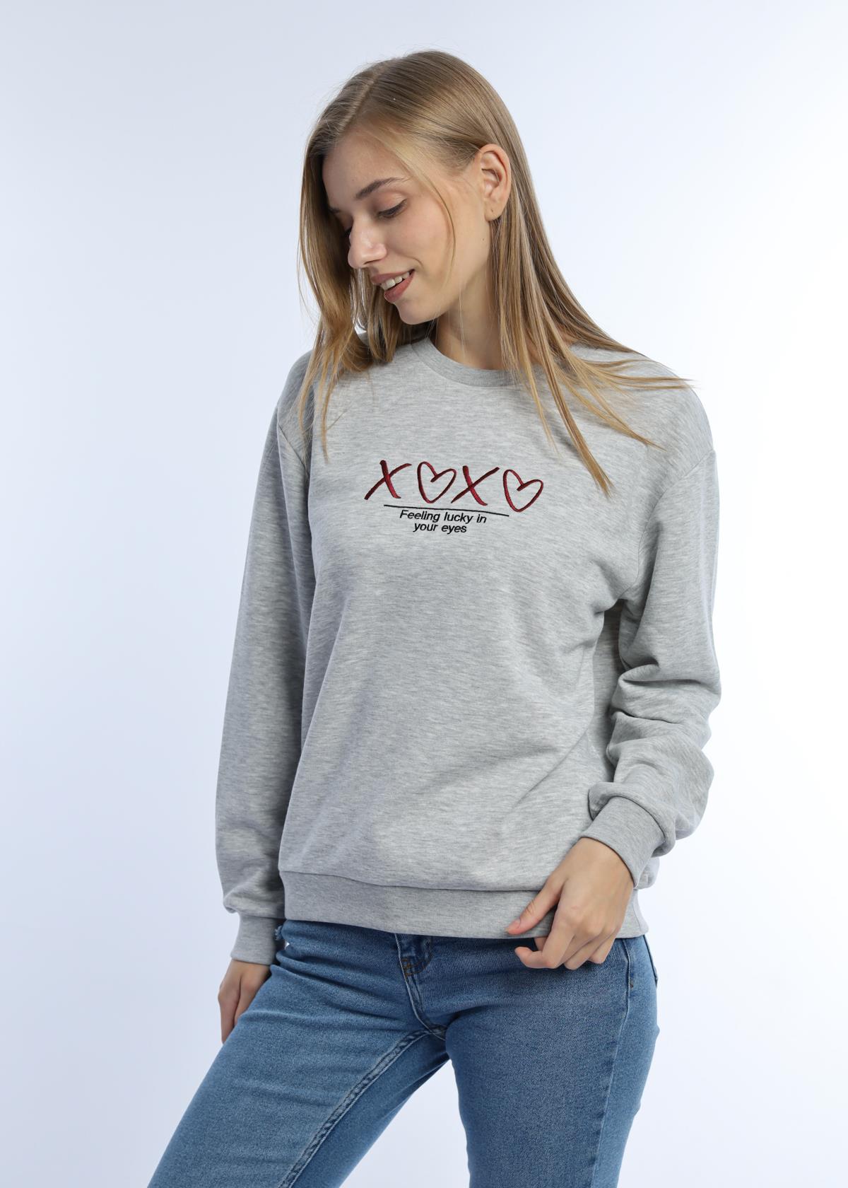 Kadın Bisiklet Yaka 3 İplik Şardonsuz Sweatshirt Gri Melanj Kadın Bisiklet Yaka 3 İplik Şardonsuz Sweatshirt Gri Melanj