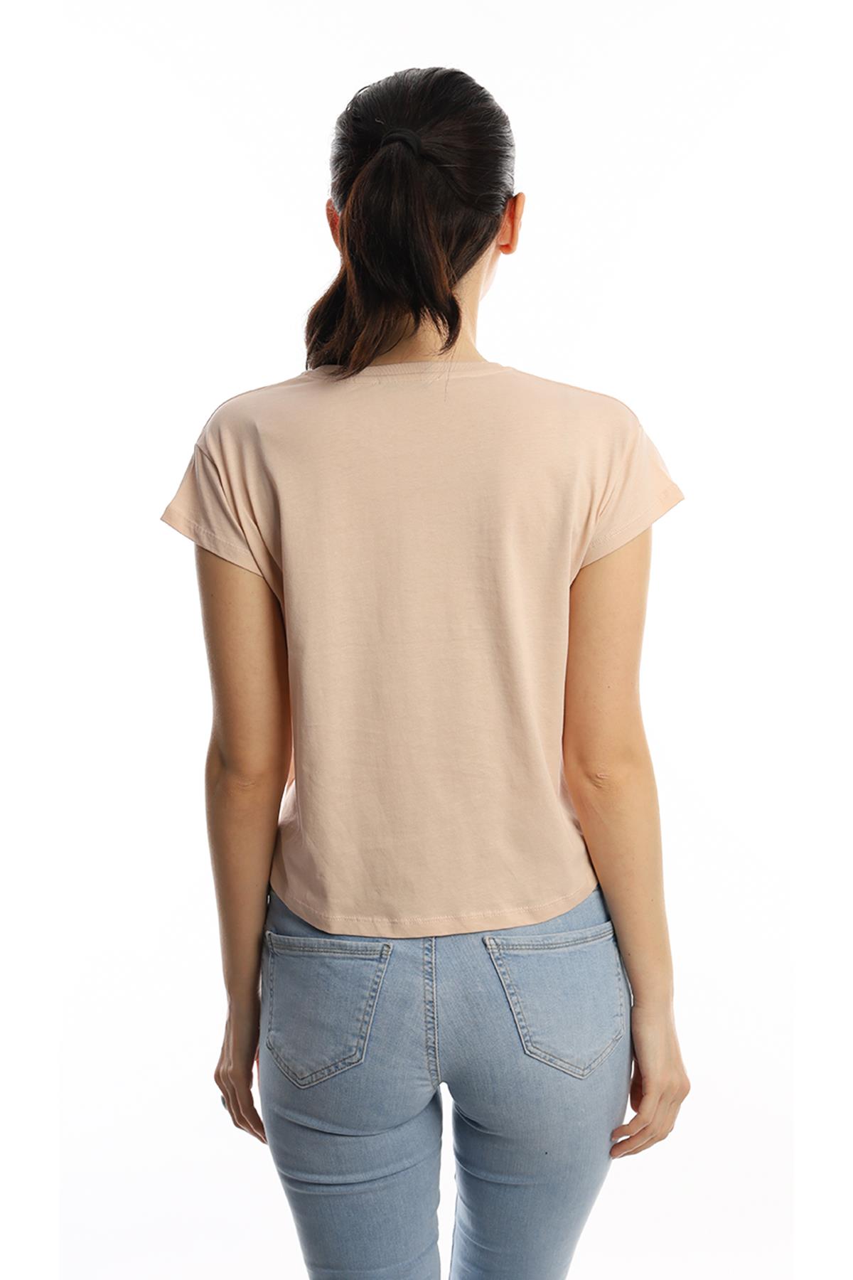 Kadın Bisiklet Yaka Baskılı Crop Tişört Bej