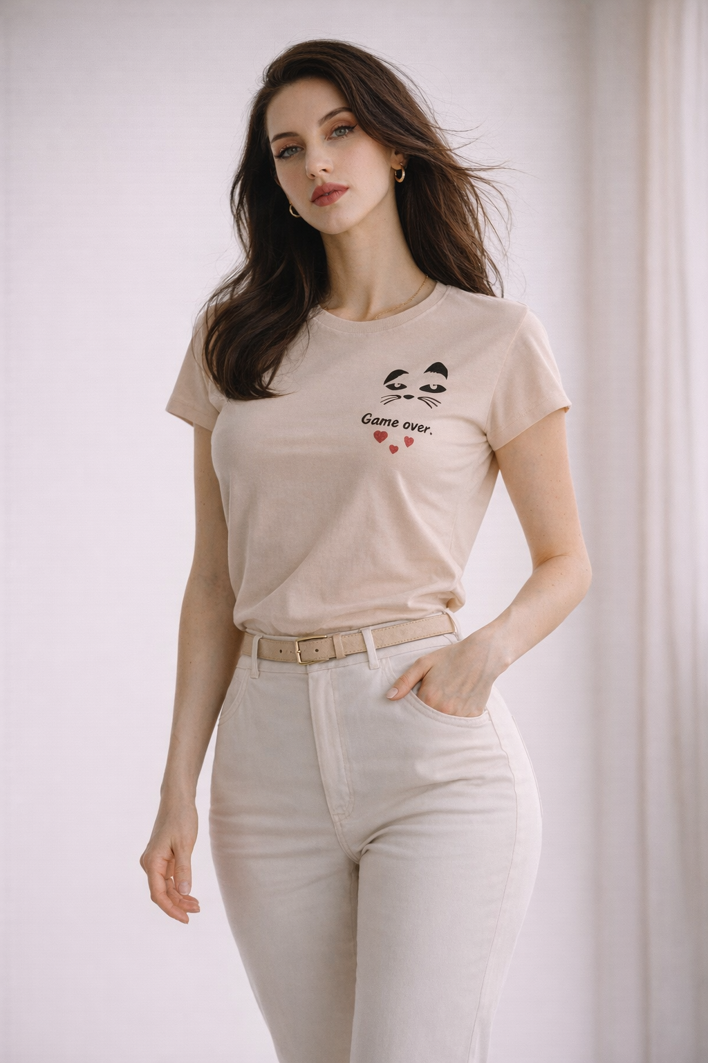 Kadın Bisiklet Yaka Game Over Kedi Baskılı Regular Fit Tişört Bej