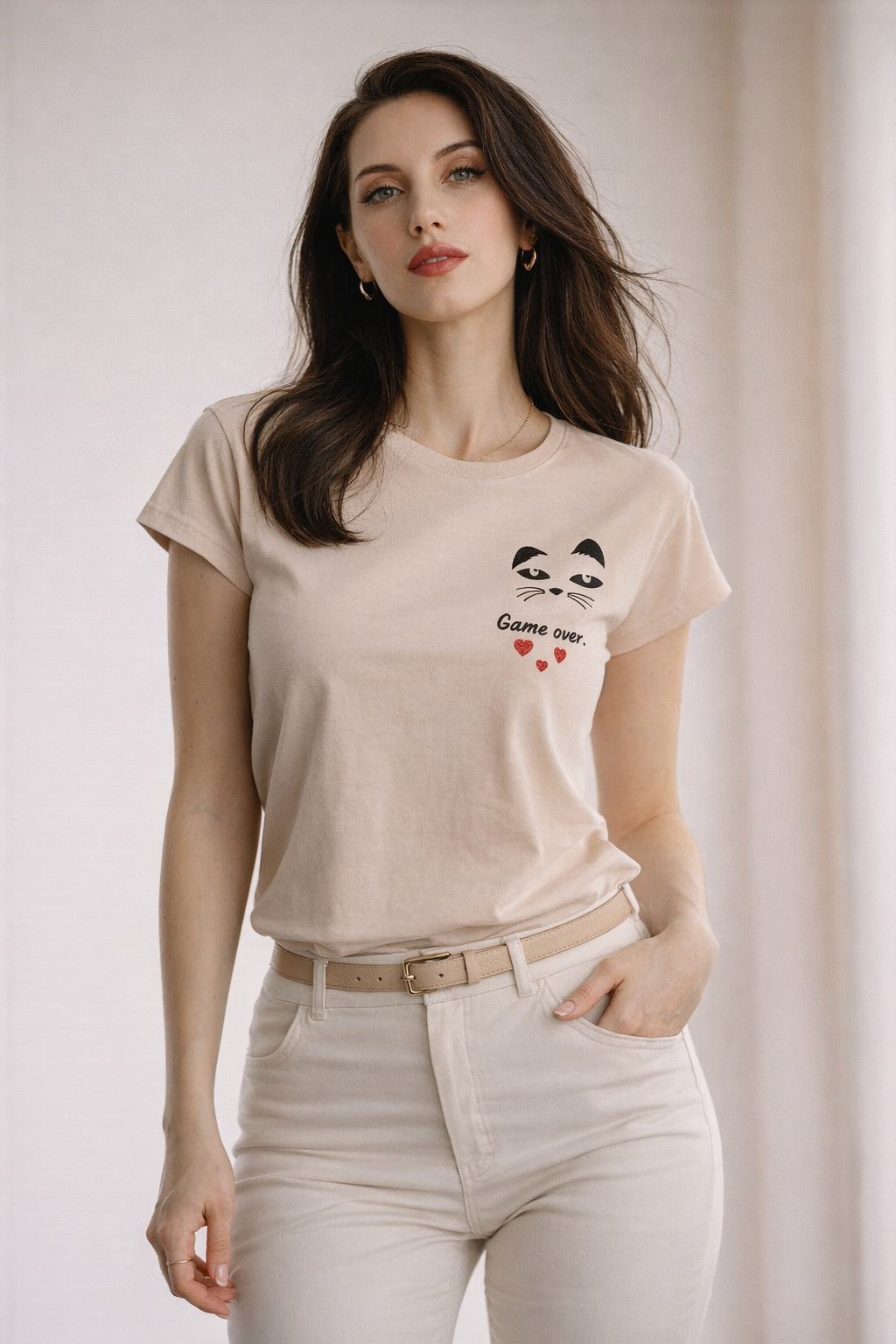 Kadın Bisiklet Yaka Game Over Kedi Baskılı Regular Fit Tişört Bej