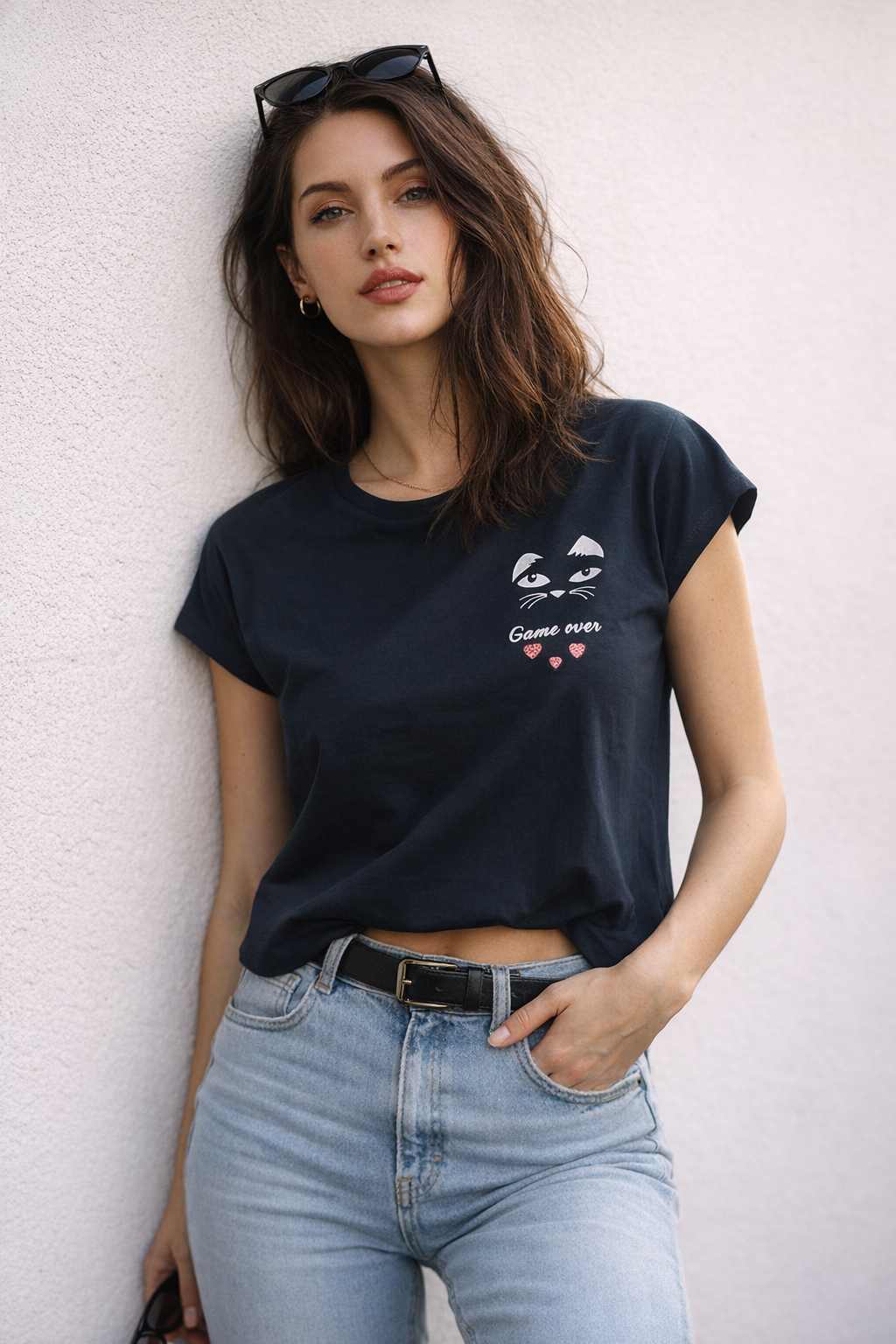 Kadın Bisiklet Yaka Game Over Kedi Baskılı Regular Fit Tişört Lacivert