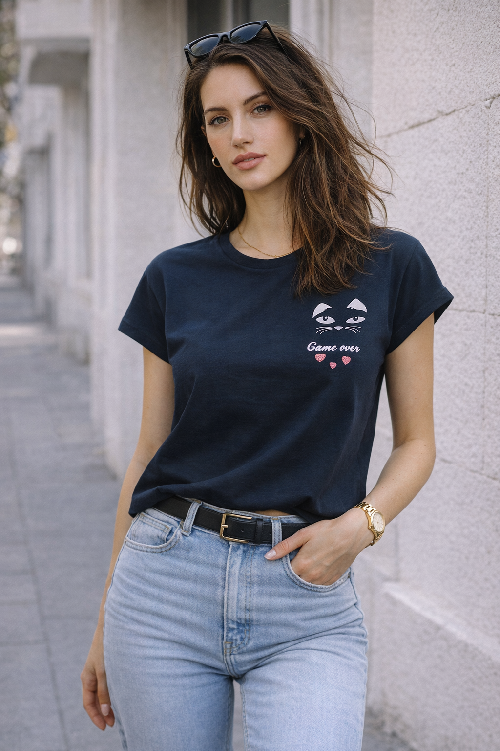 Kadın Bisiklet Yaka Game Over Kedi Baskılı Regular Fit Tişört Lacivert