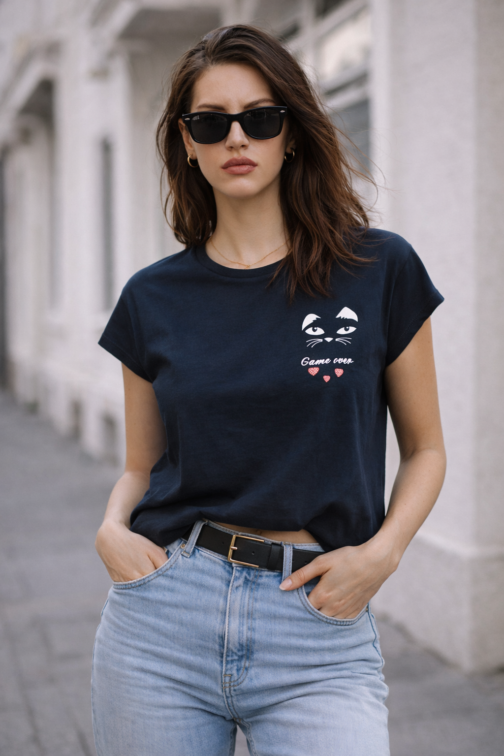 Kadın Bisiklet Yaka Game Over Kedi Baskılı Regular Fit Tişört Lacivert
