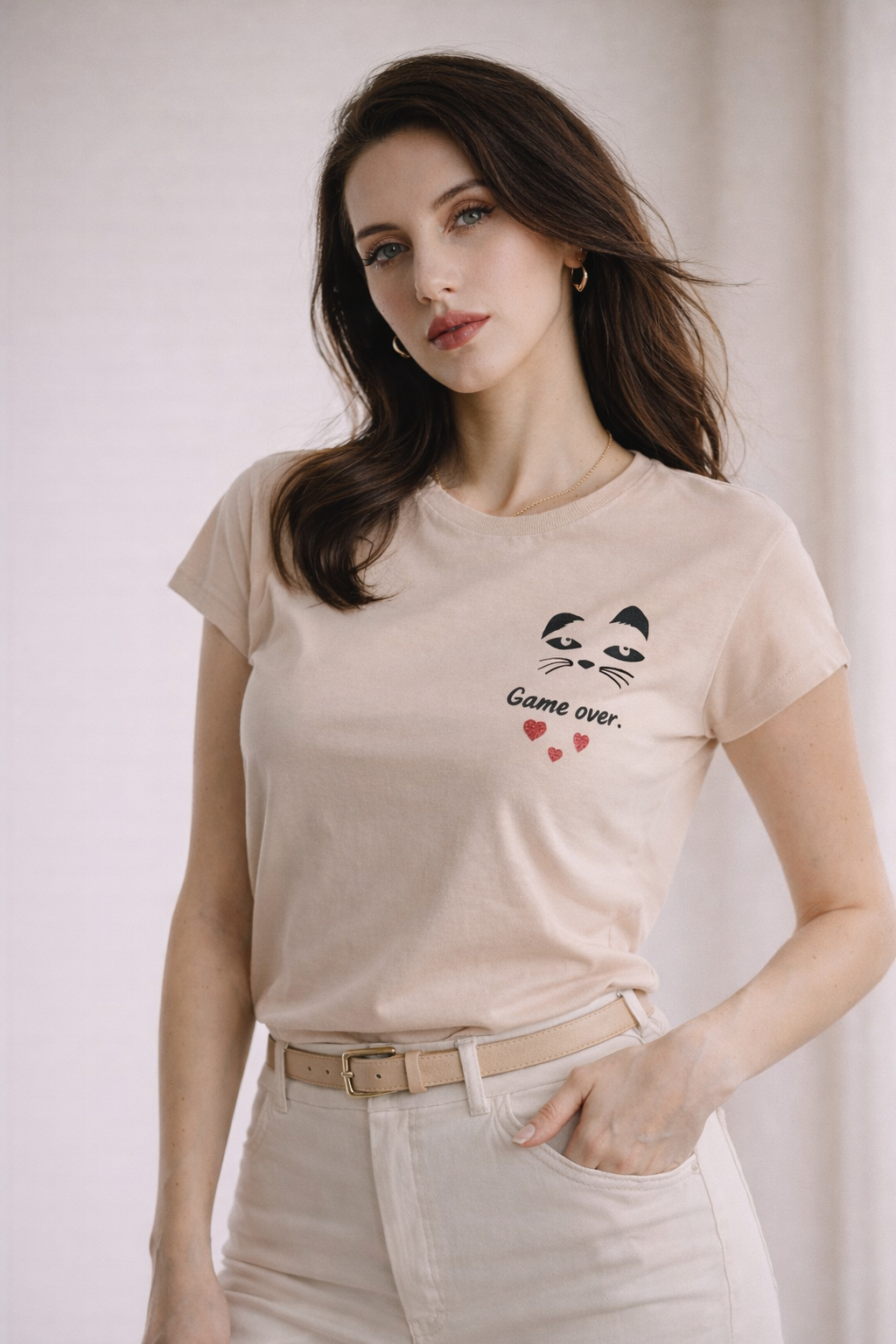 Kadın Bisiklet Yaka Game Over Kedi Baskılı Regular Fit Tişört Bej