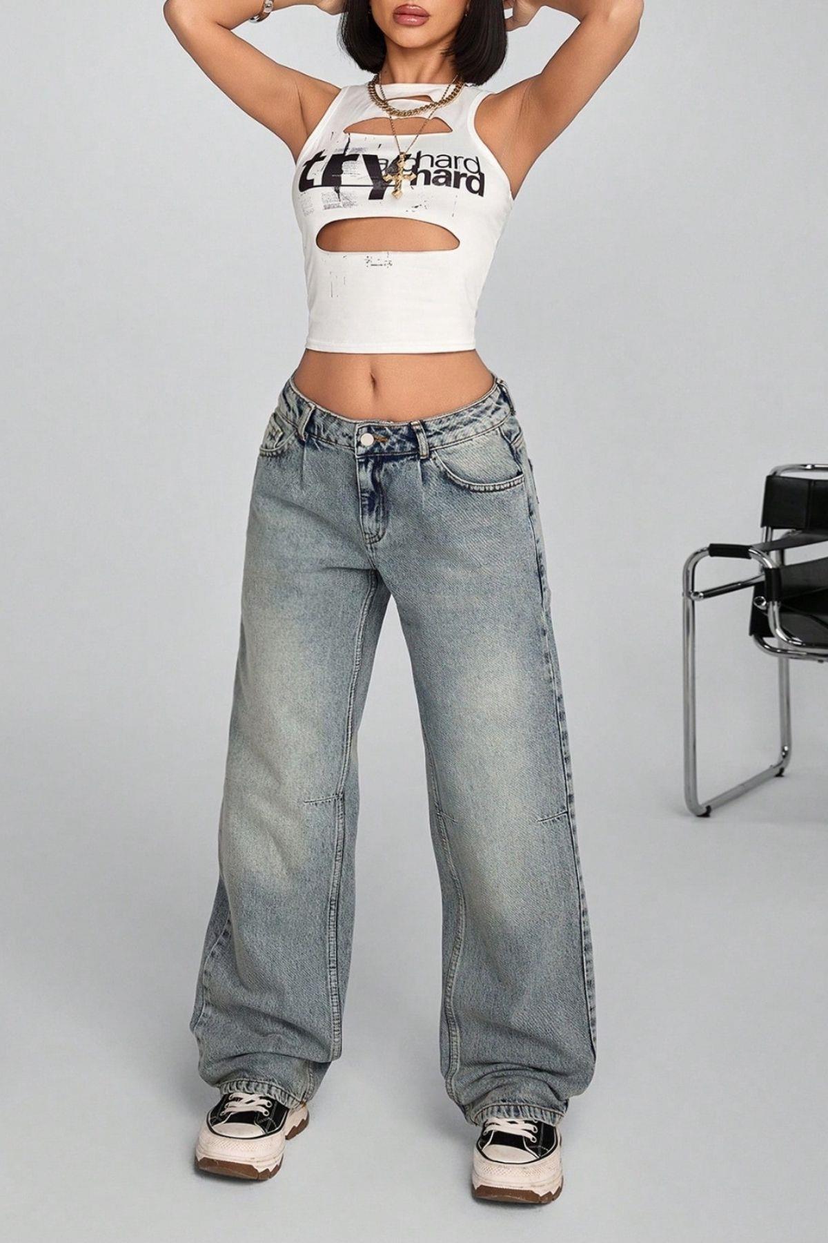 Kadın Bol Kalıp Kot Pantolon Jeans Mavi