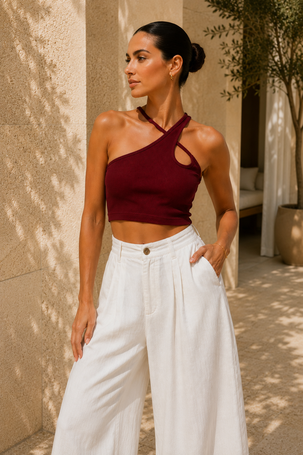 Kadın Bordo Çapraz Halter Yaka Damla Detaylı Fitilli Crop Top