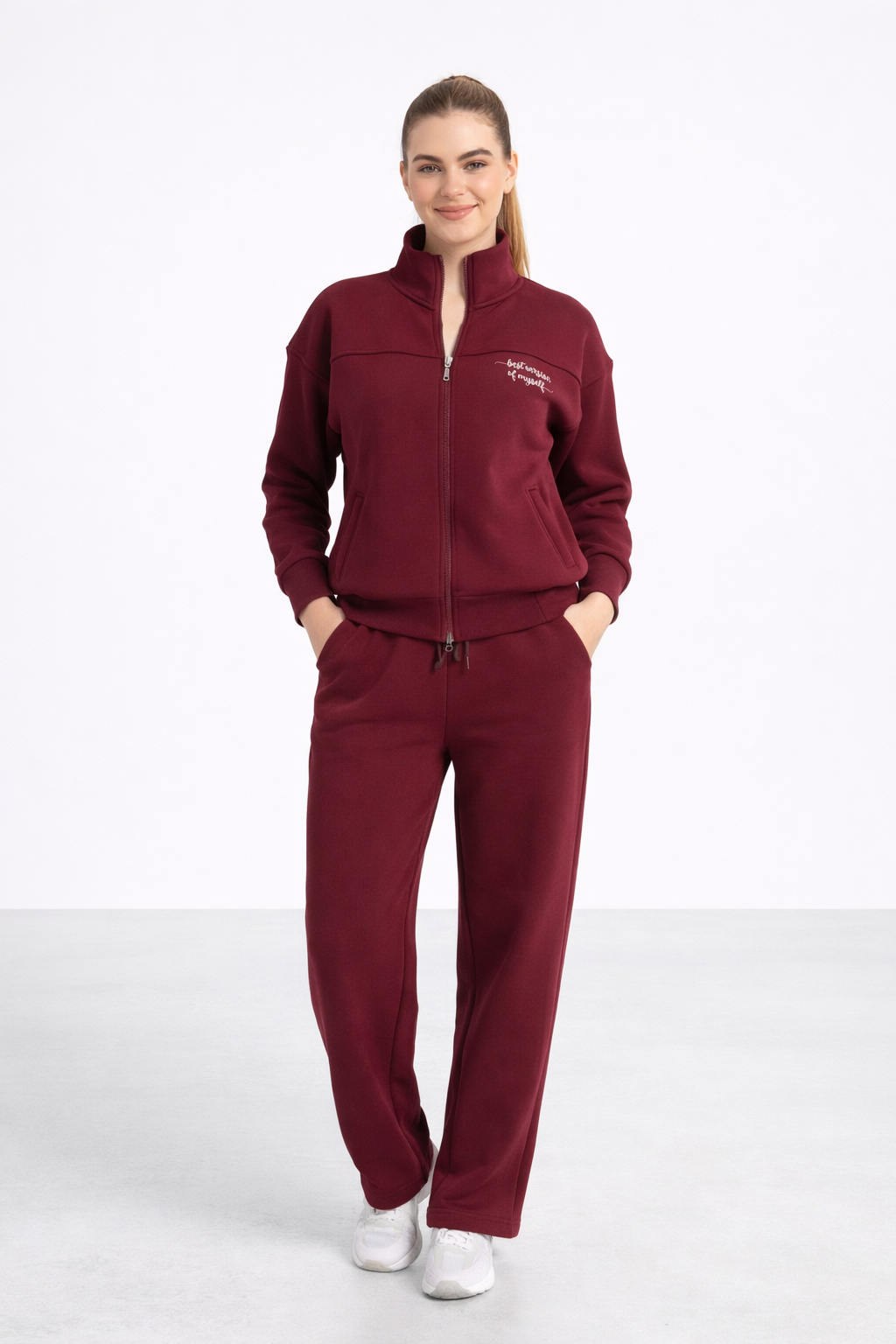 Kadın Bordo Fermuarlı Sweat Ceket –  Regular Fit Günlük Spor Eşofman Üstü