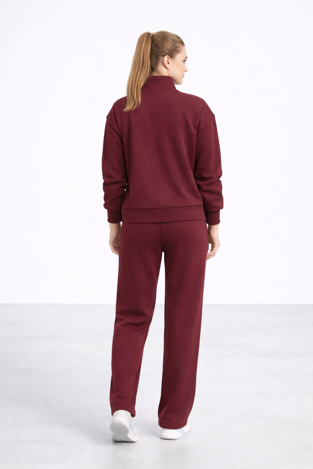 Kadın Bordo Fermuarlı Sweat Ceket –  Regular Fit Günlük Spor Eşofman Üstü
