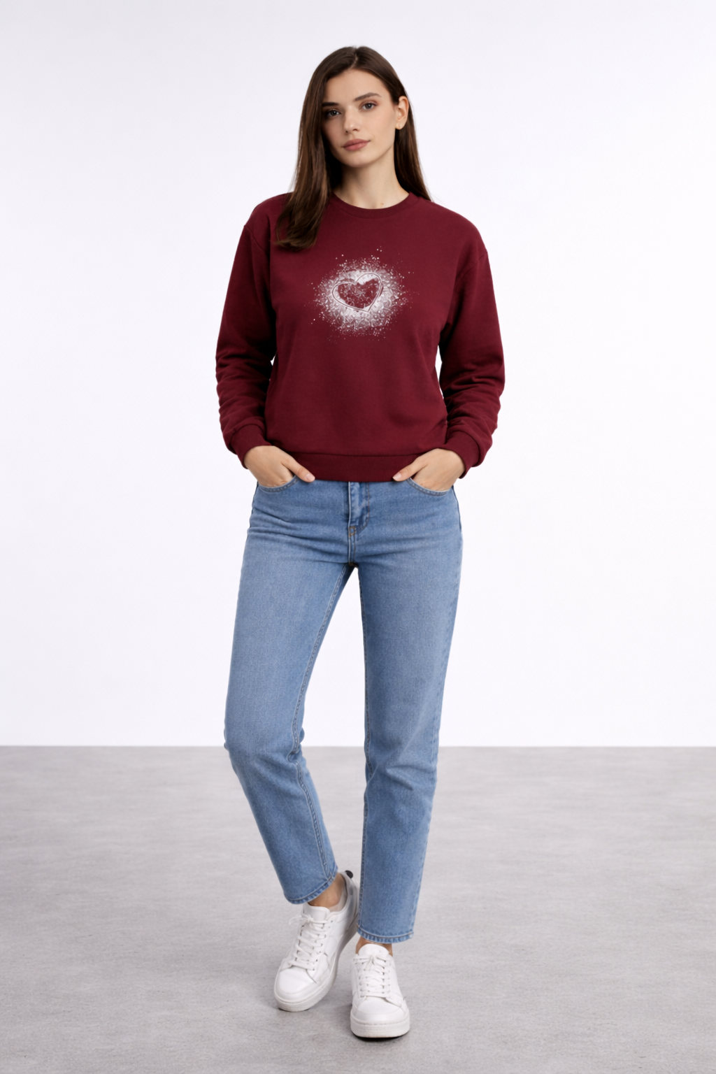 Kadın Bordo Kalp Baskılı Regular Sweatshirt Günlük Rahat Basic Sweat