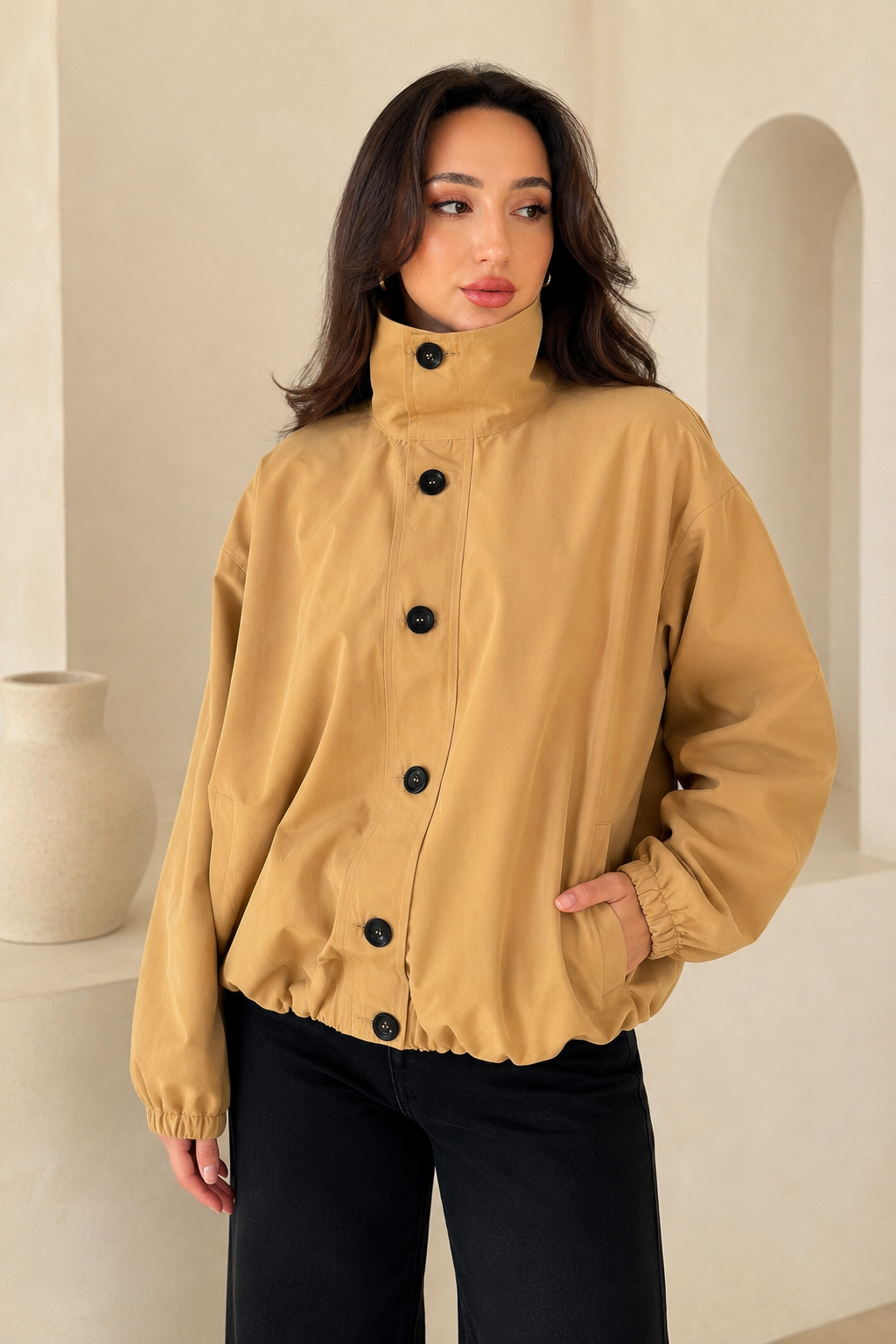 Kadın Camel Balon Model Astarlı Bomber Trençkot Ceket