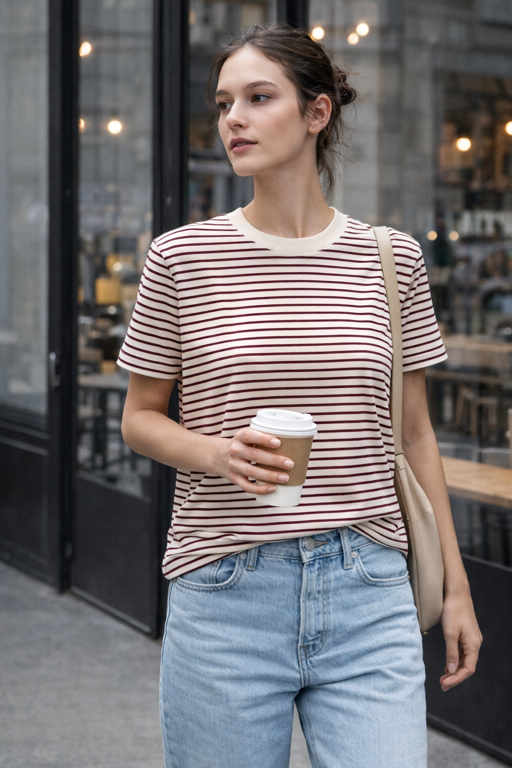 Kadın Çizgili Basic Oversize T-Shirt – Bordo Ekru