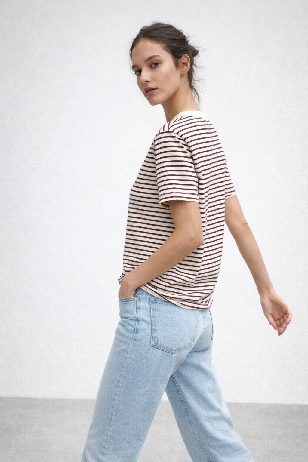 Kadın Çizgili Basic Oversize T-Shirt – Bordo Ekru