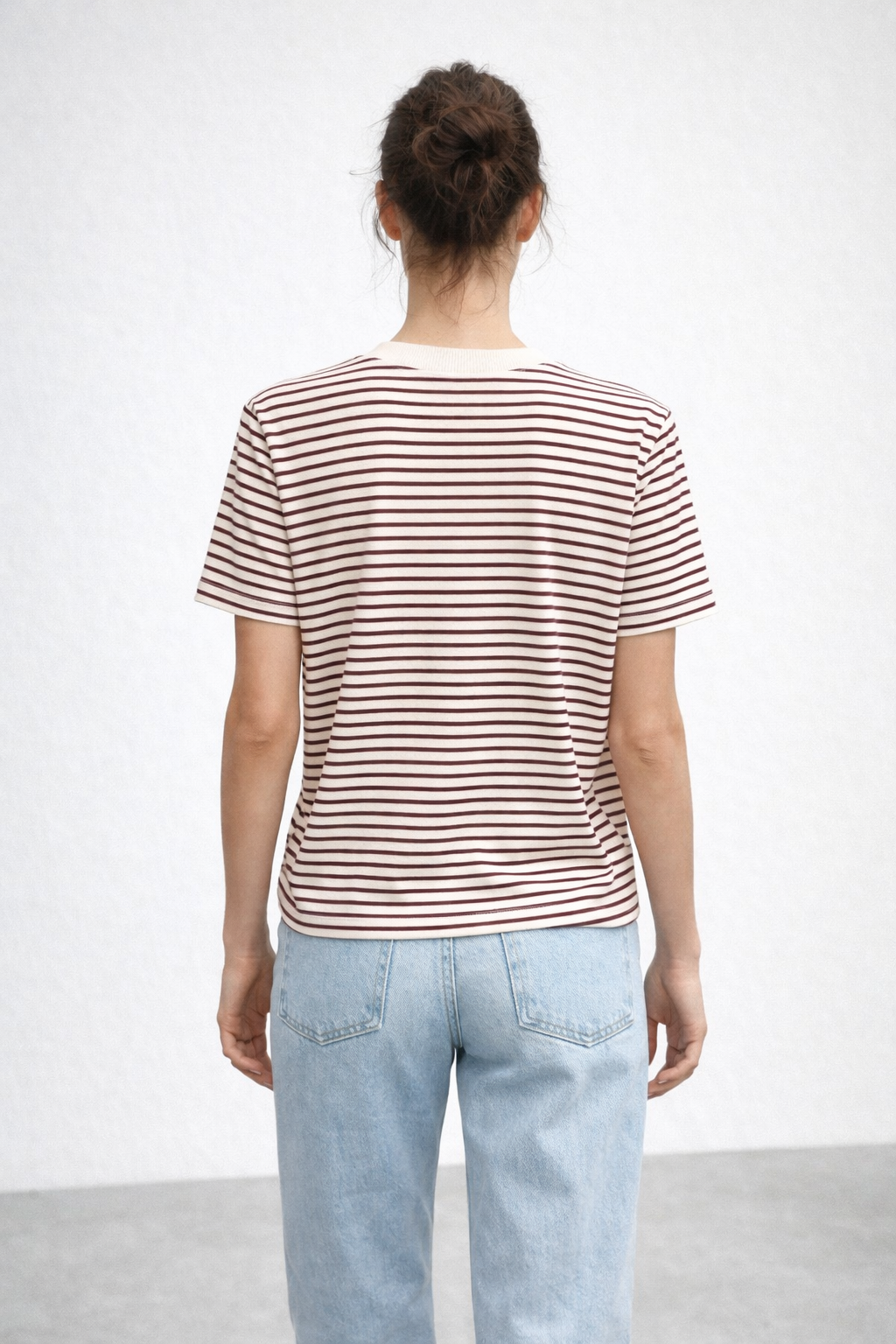 Kadın Çizgili Basic Oversize T-Shirt – Bordo Ekru