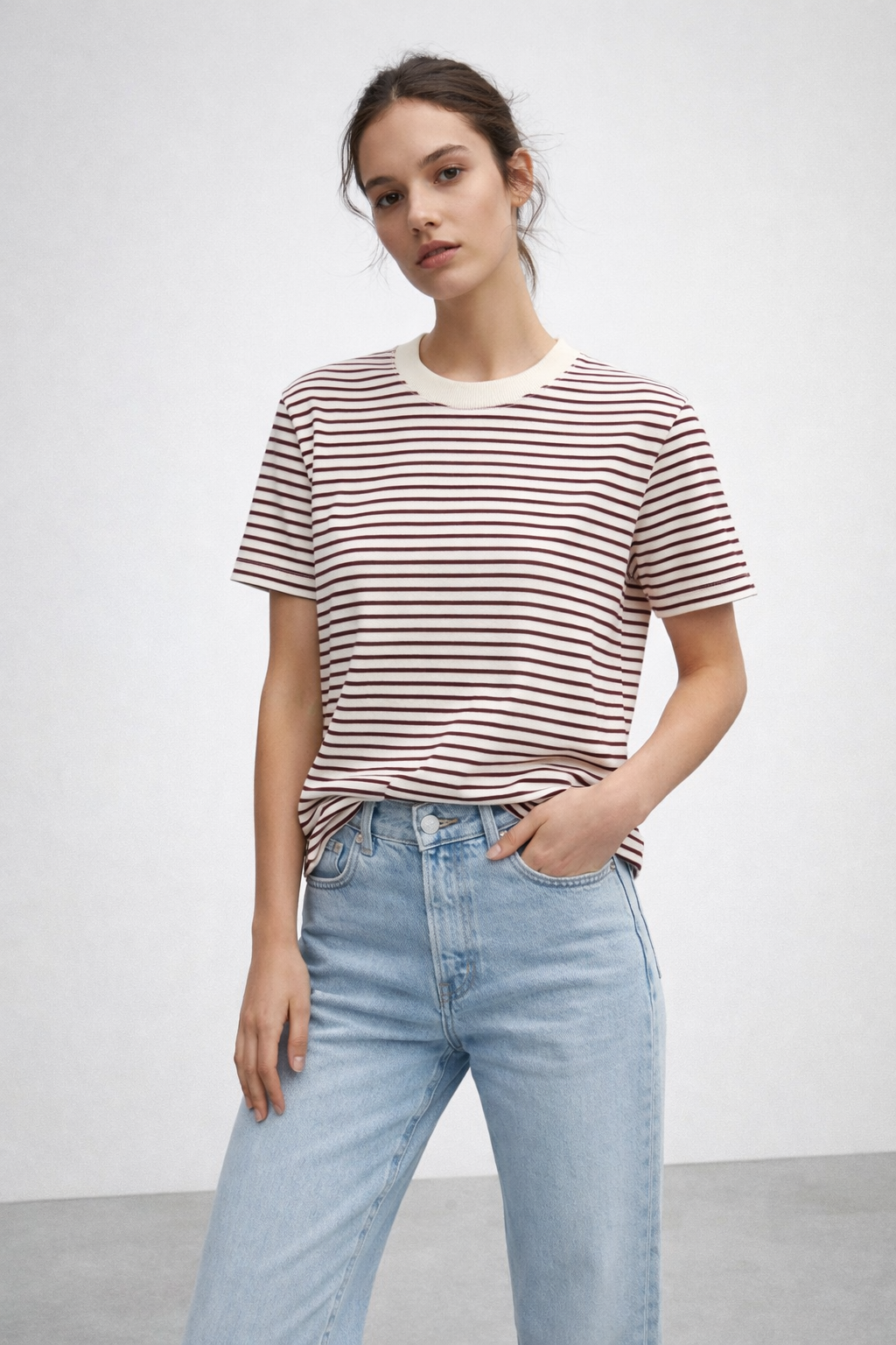 Kadın Çizgili Basic Oversize T-Shirt – Bordo Ekru
