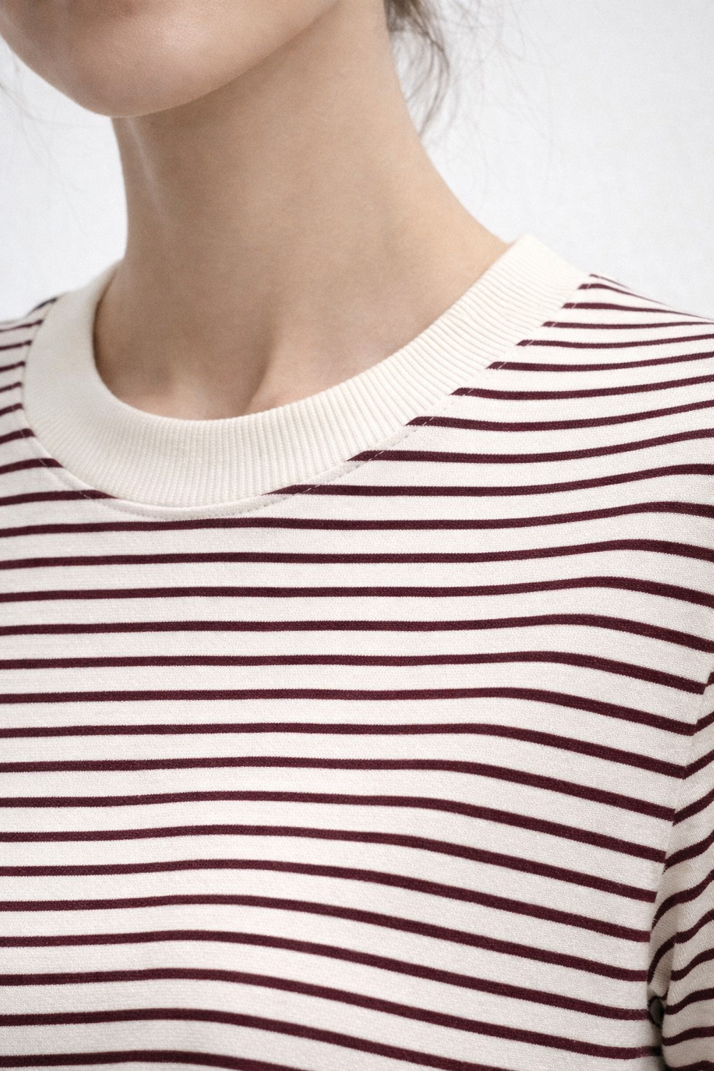 Kadın Çizgili Basic Oversize T-Shirt – Bordo Ekru