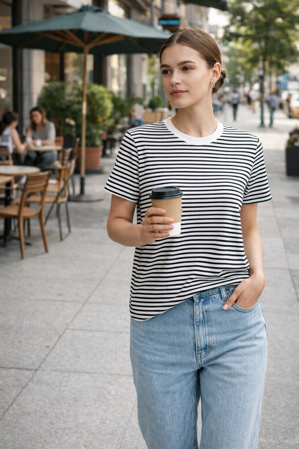 Kadın Çizgili Basic Oversize T-Shirt – Ekru Siyah