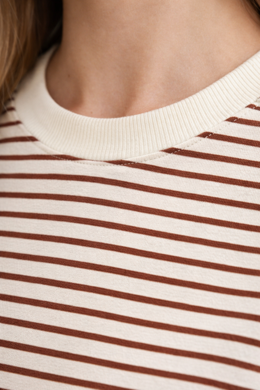 Kadın Çizgili Basic Oversize T-Shirt – Kahve Ekru