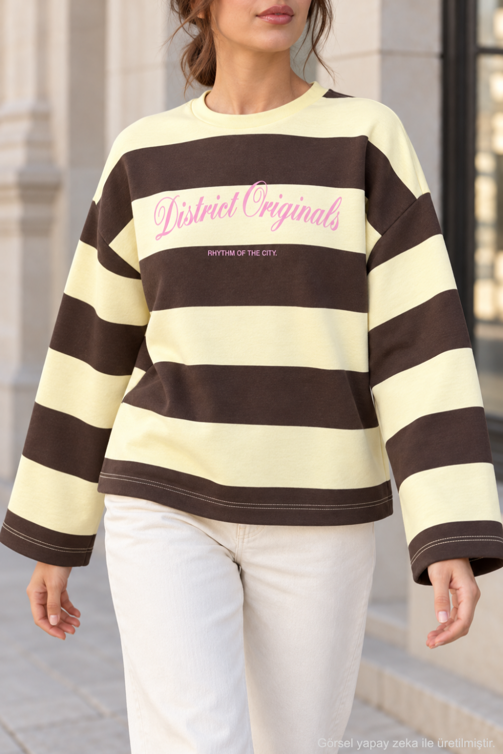 Kadın Çizgili Ön Arka Baskılı Geniş Kol Oversize Sweatshirt - Kahverengi S