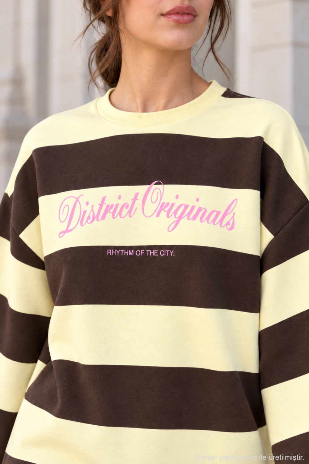 Kadın Çizgili Ön Arka Baskılı Geniş Kol Oversize Sweatshirt - Kahverengi S