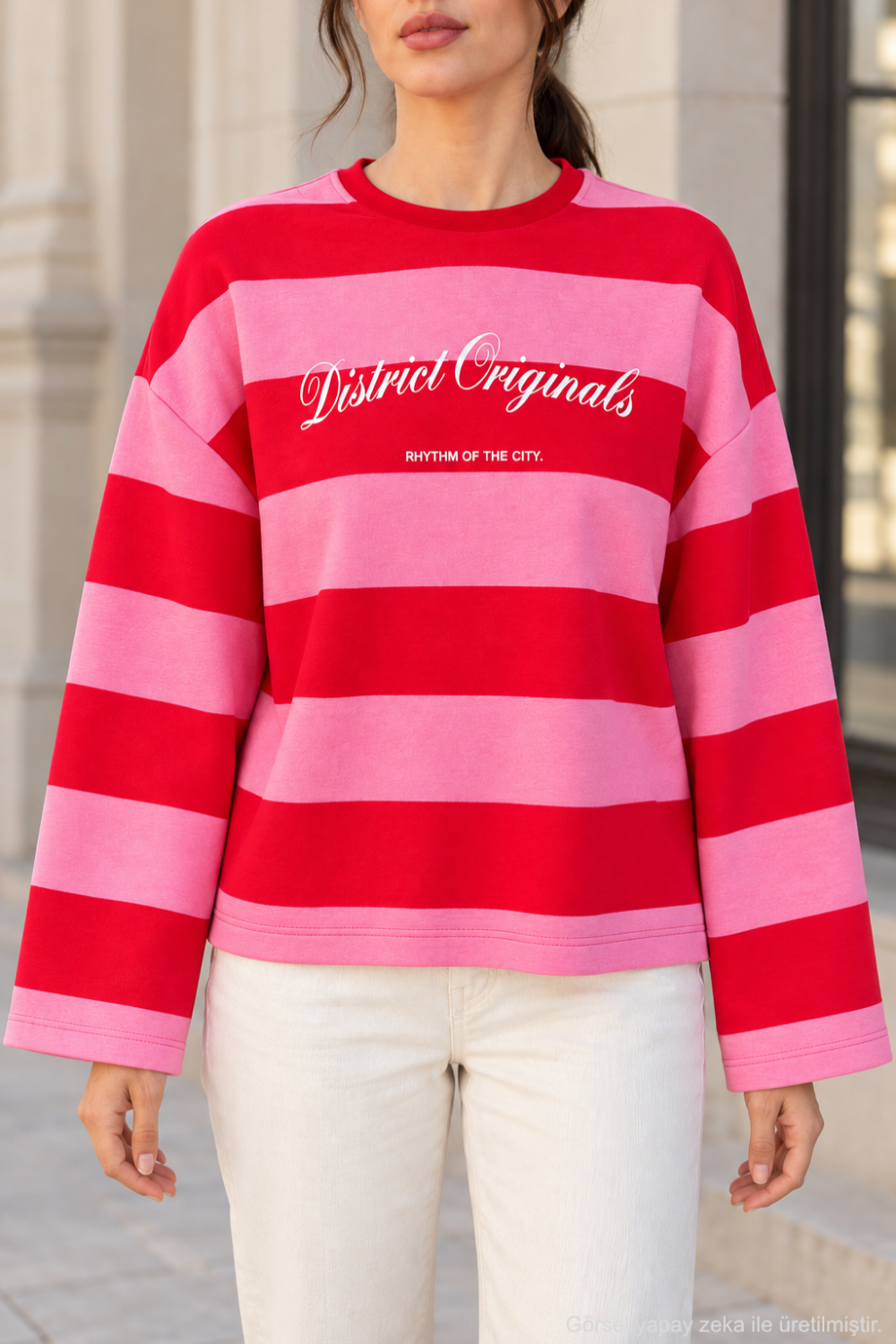 Kadın Çizgili Ön Arka Baskılı Geniş Kol Oversize Sweatshirt - Kırmızı P