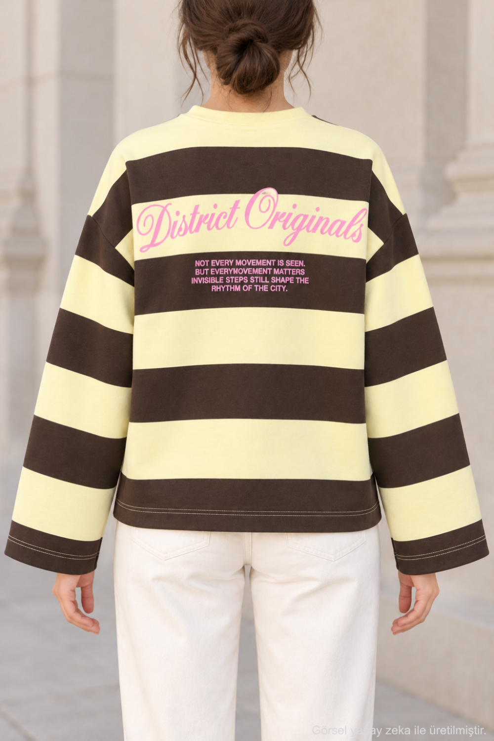 Kadın Çizgili Ön Arka Baskılı Geniş Kol Oversize Sweatshirt - Kahverengi S