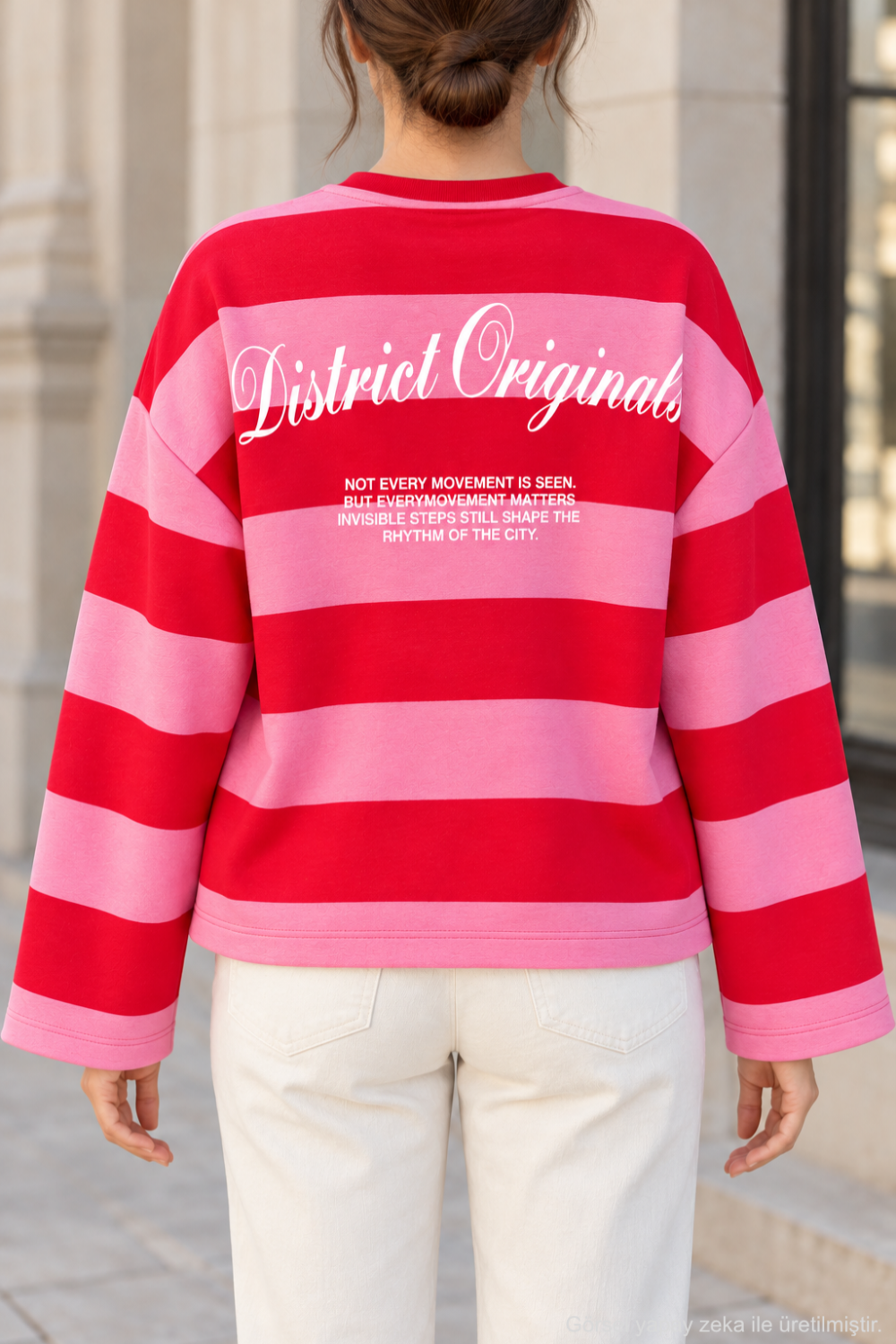 Kadın Çizgili Ön Arka Baskılı Geniş Kol Oversize Sweatshirt - Kırmızı P