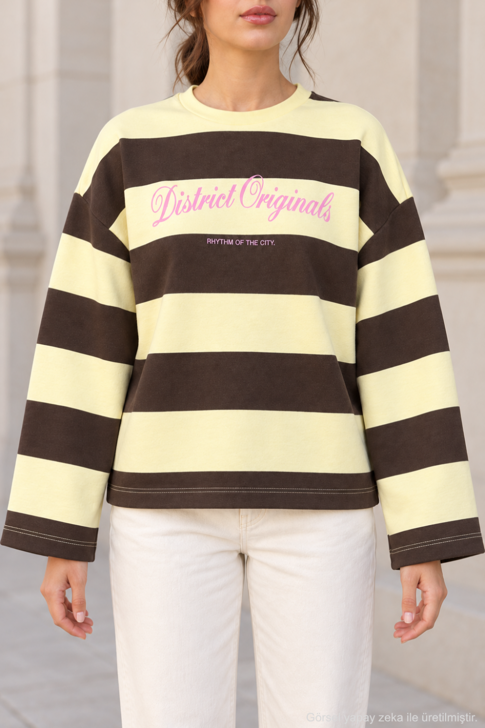 Kadın Çizgili Ön Arka Baskılı Geniş Kol Oversize Sweatshirt - Kahverengi S