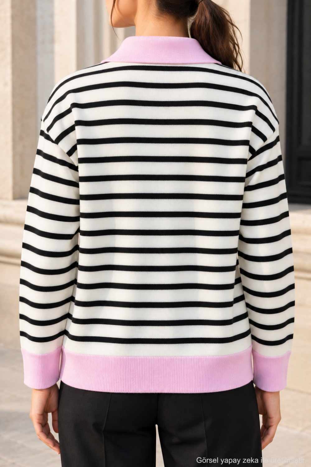 Kadın Çizgili Polo Yaka Yarım Fermuarlı Triko Kazak - Pembe Pembe