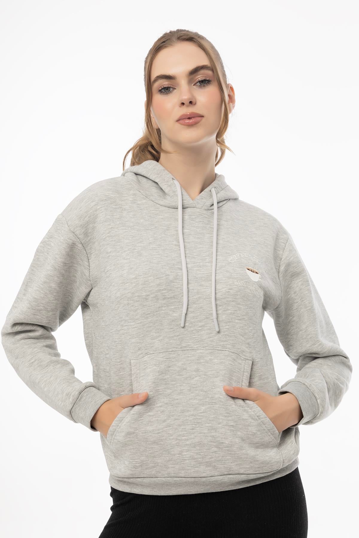 Kadin Coffe Nakışlı Kapüşonlu Sweatshirt Gri Melanj