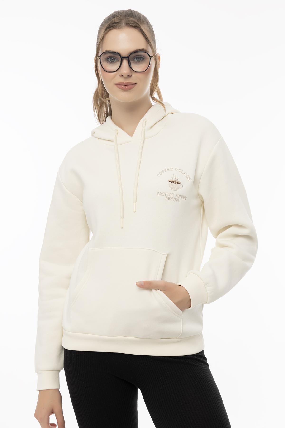 Kadin Coffe Nakışlı Kapüşonlu Sweatshirt Ekru