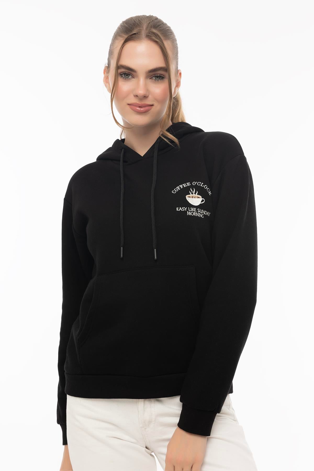 Kadin Coffe Nakışlı Kapüşonlu Sweatshirt Siyah