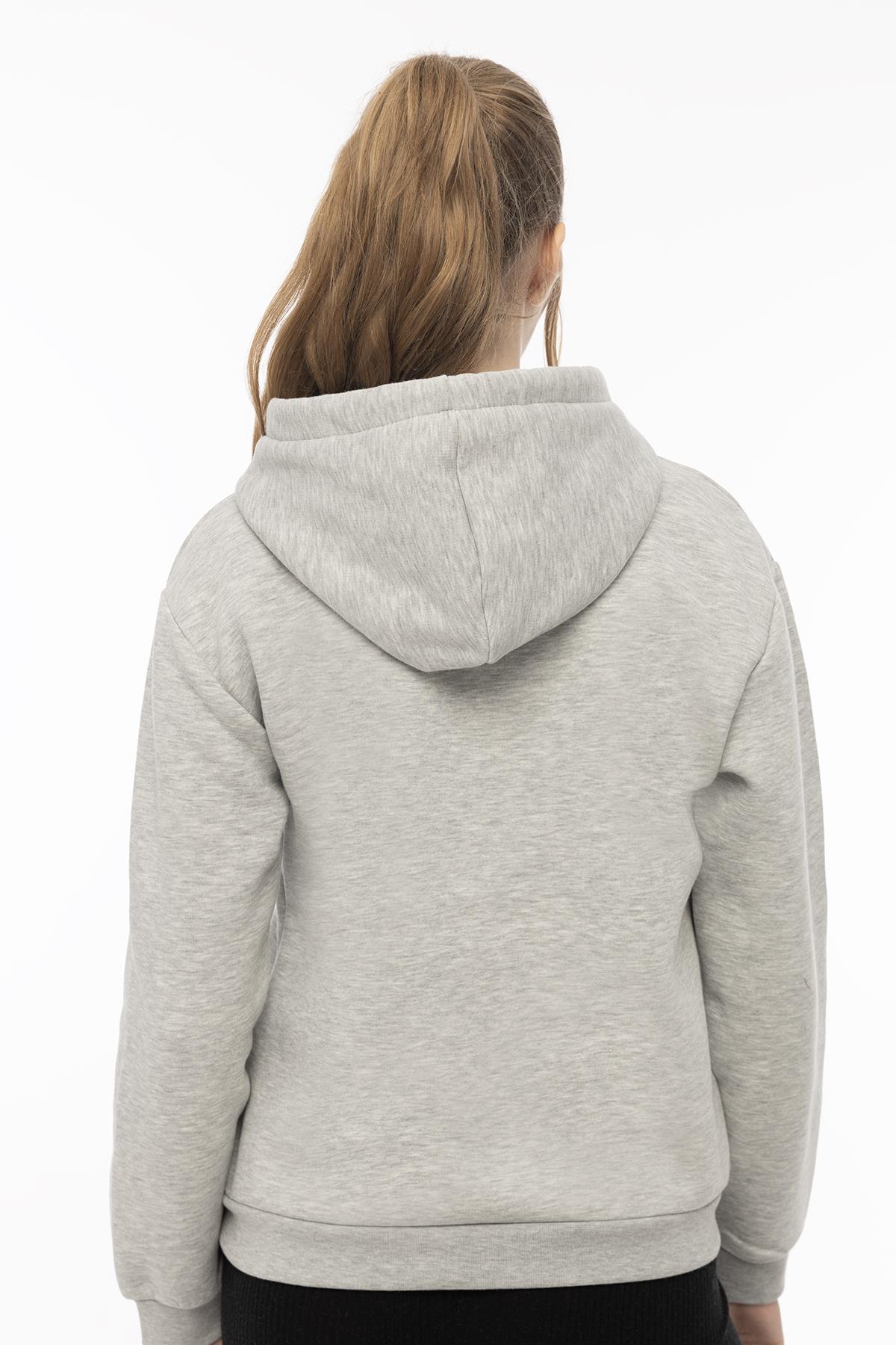 Kadin Coffe Nakışlı Kapüşonlu Sweatshirt Gri Melanj