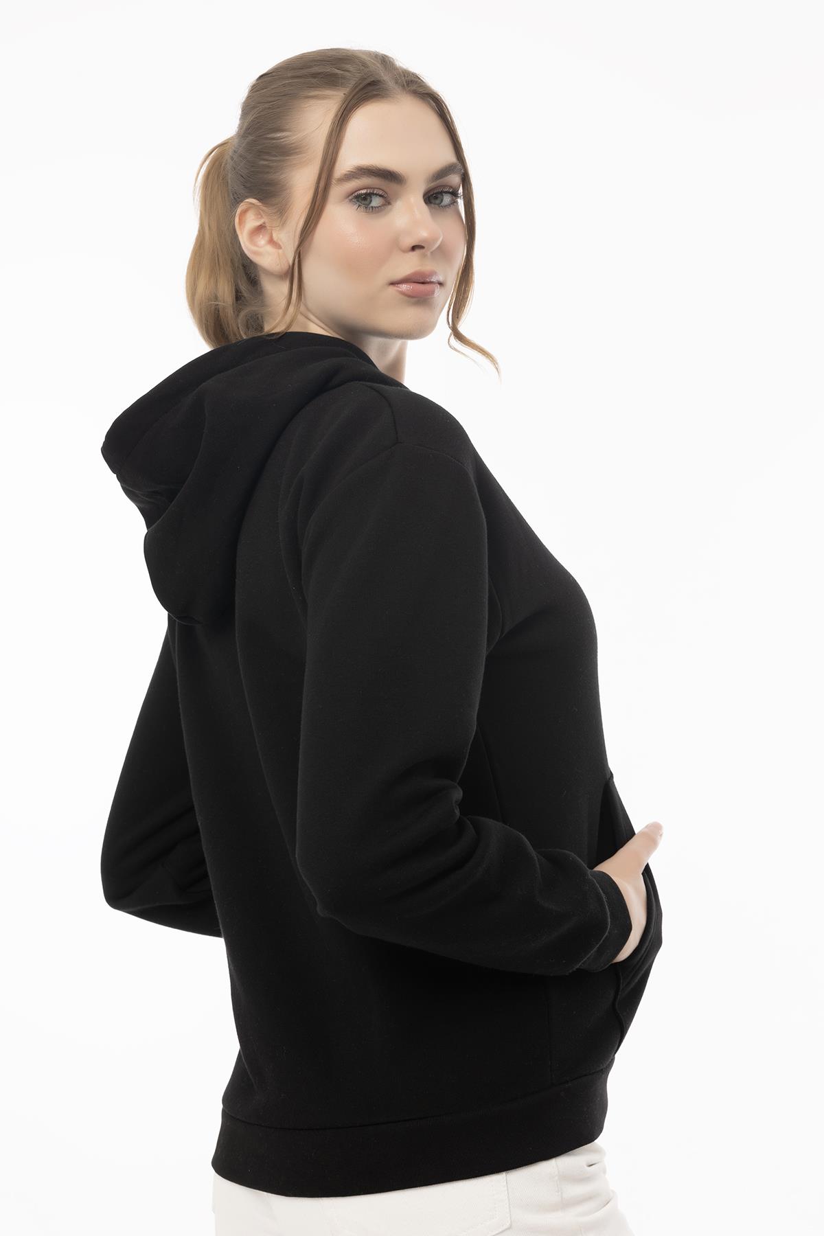 Kadin Coffe Nakışlı Kapüşonlu Sweatshirt Siyah