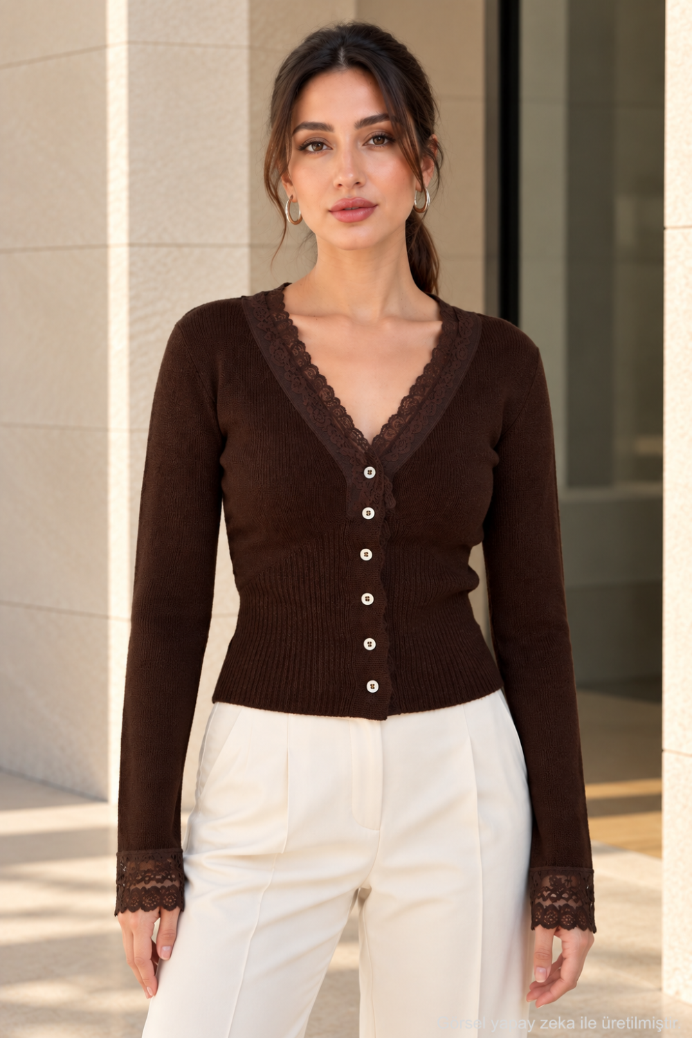 Kadın Dantel Detaylı V Yaka Düğmeli İnce Triko Hırka Bluz - Kahverengi Kahverengi