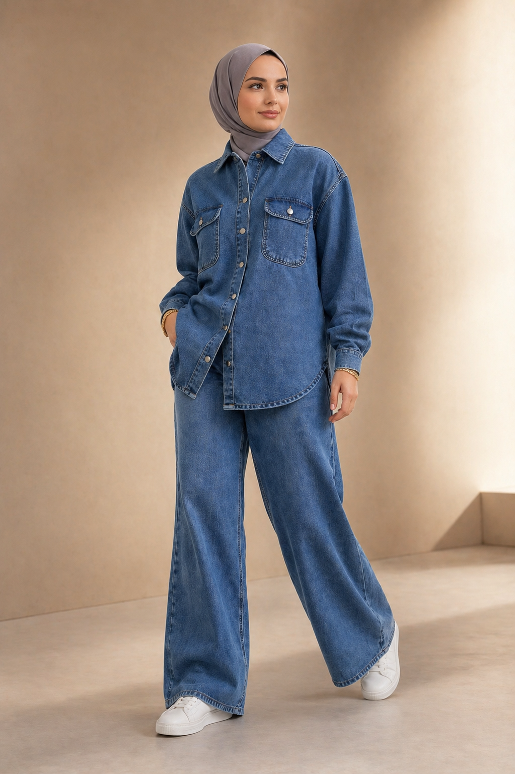Kadın Denim Takım Oversize Gömlek & Wide Leg Pantolon Mavi