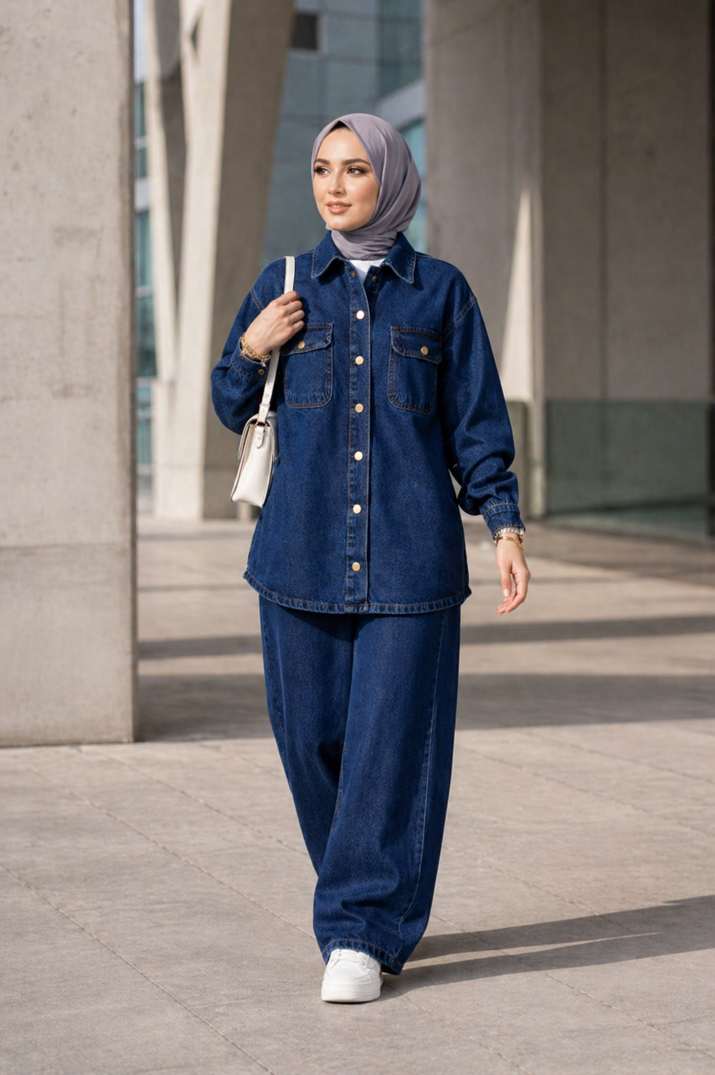 Kadın Denim Takım Oversize Gömlek & Wide Leg Pantolon Lacivert
