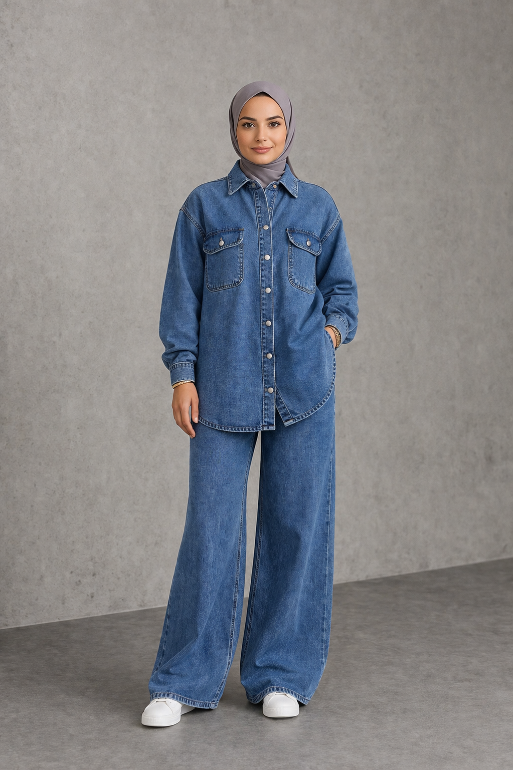 Kadın Denim Takım Oversize Gömlek & Wide Leg Pantolon Mavi