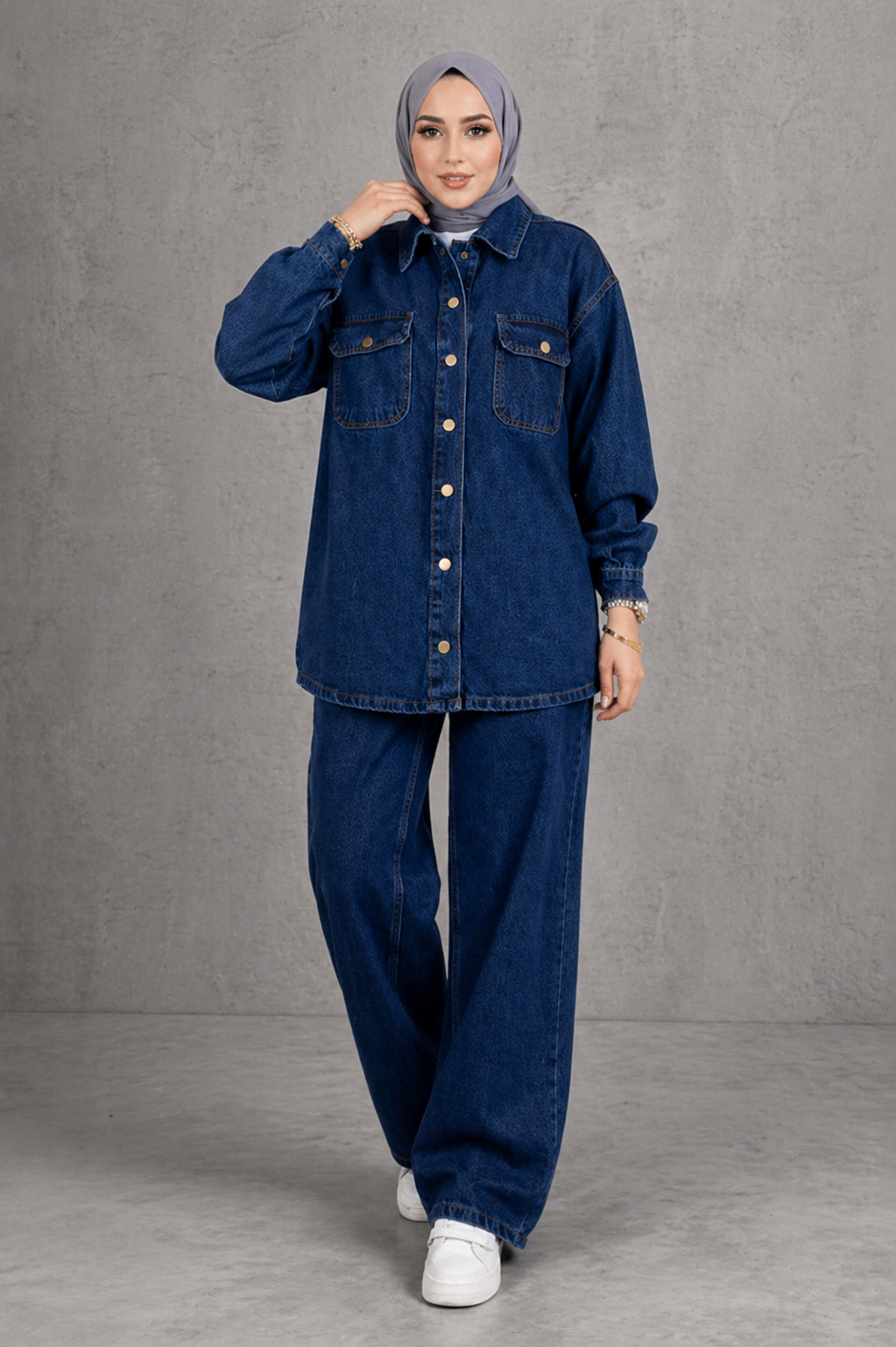 Kadın Denim Takım Oversize Gömlek & Wide Leg Pantolon Lacivert
