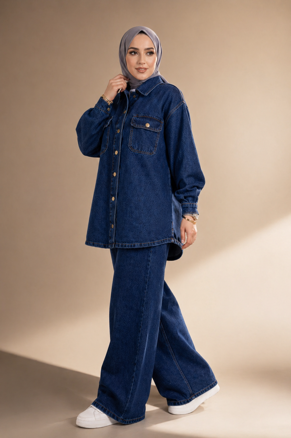 Kadın Denim Takım Oversize Gömlek & Wide Leg Pantolon Lacivert