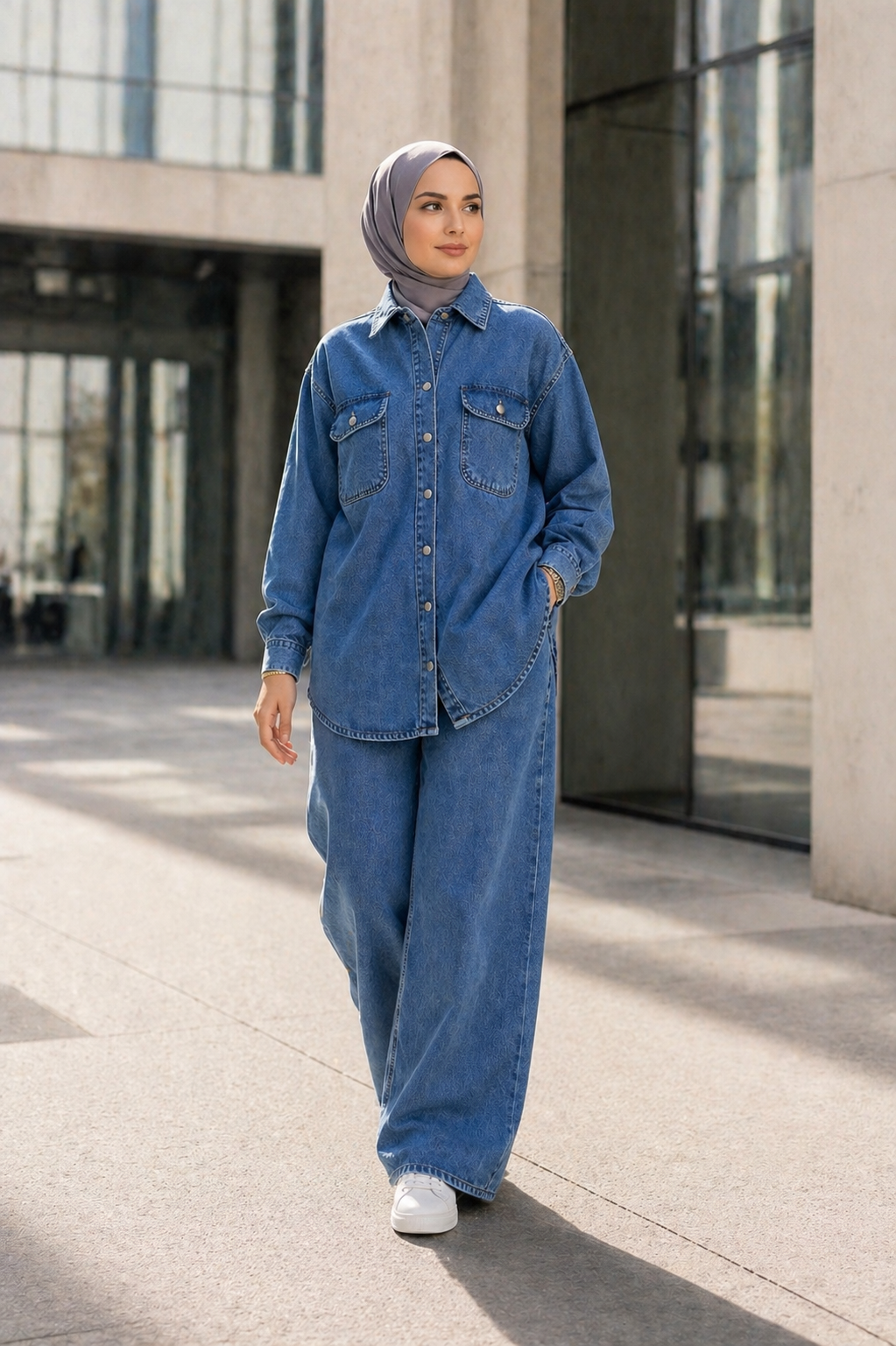 Kadın Denim Takım Oversize Gömlek & Wide Leg Pantolon Mavi
