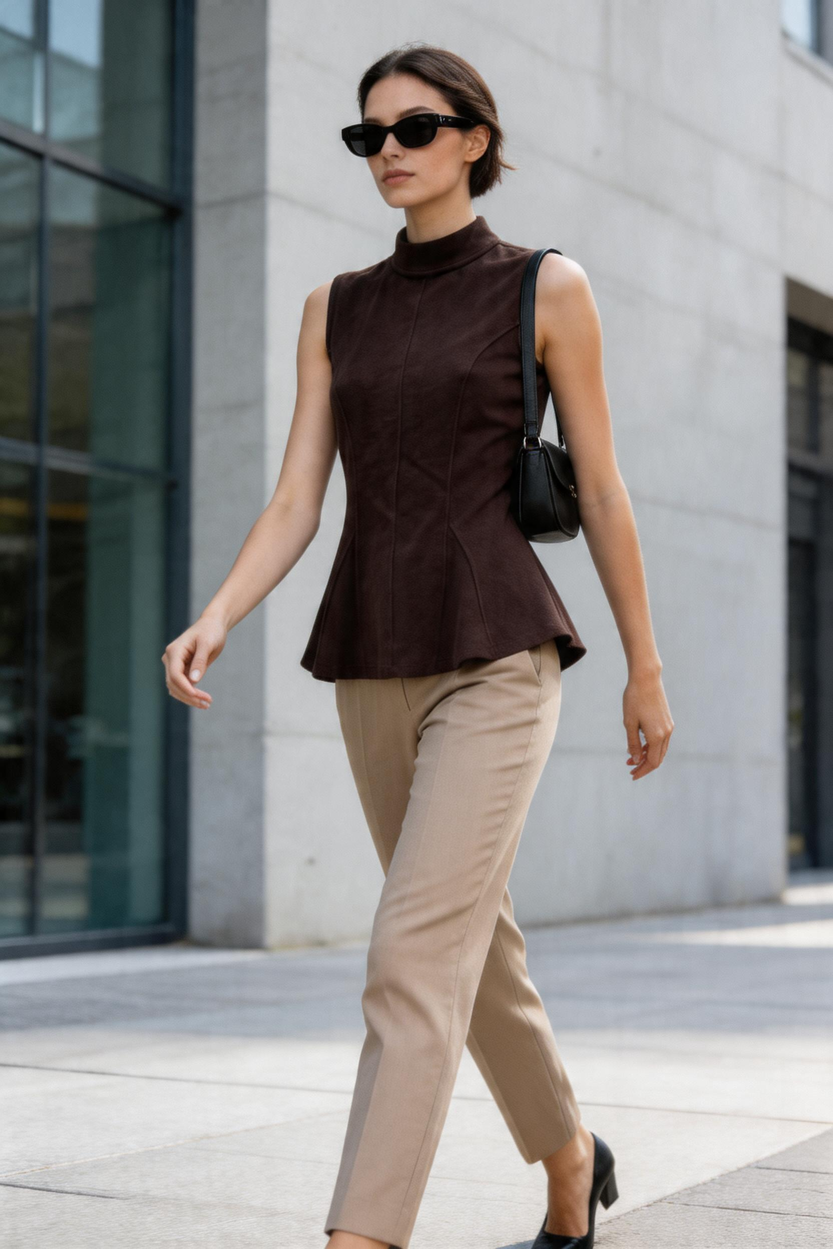Kadın Dik Yaka Kolsuz Fit & Flare Formlu Bluz Kahverengi