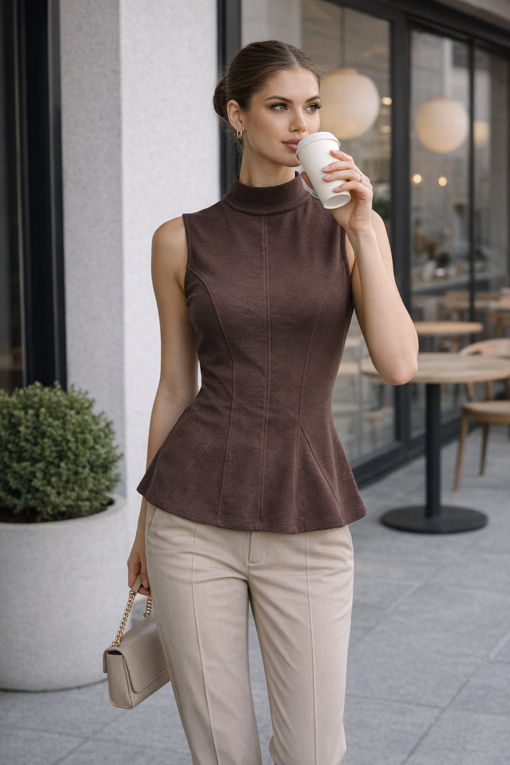 Kadın Dik Yaka Kolsuz Selanik Kumaş Slim Fit Bluz