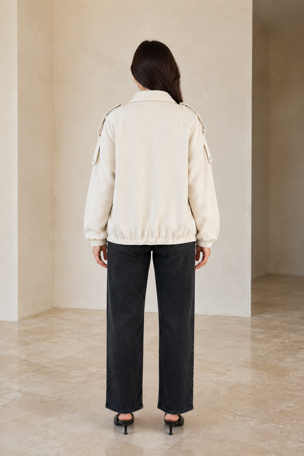 Kadın Ekru Dokulu Çıtçıtlı Oversize Bomber Ceket