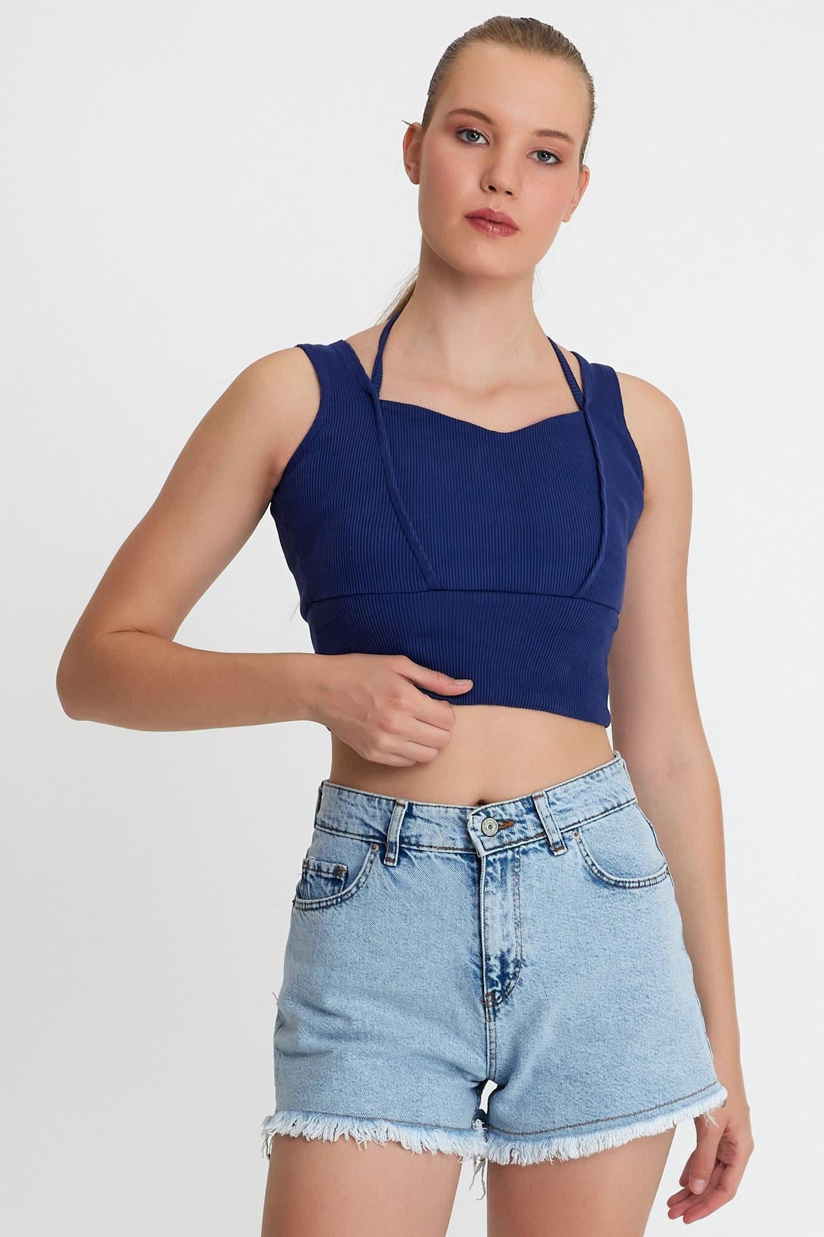Kadın Ense Biye Detaylı Crop İndigo
