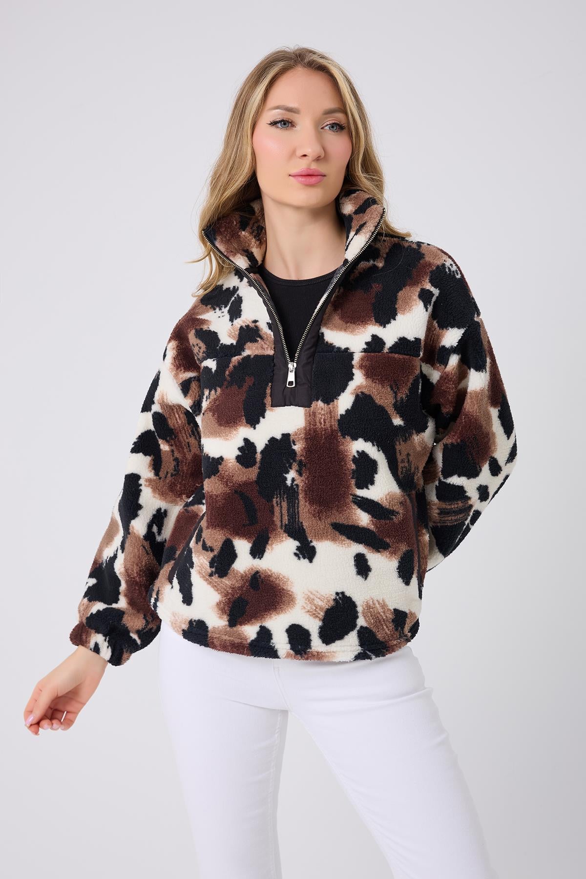 Kadın Fermuar Yaka Peluş Sweatshirt Siyah